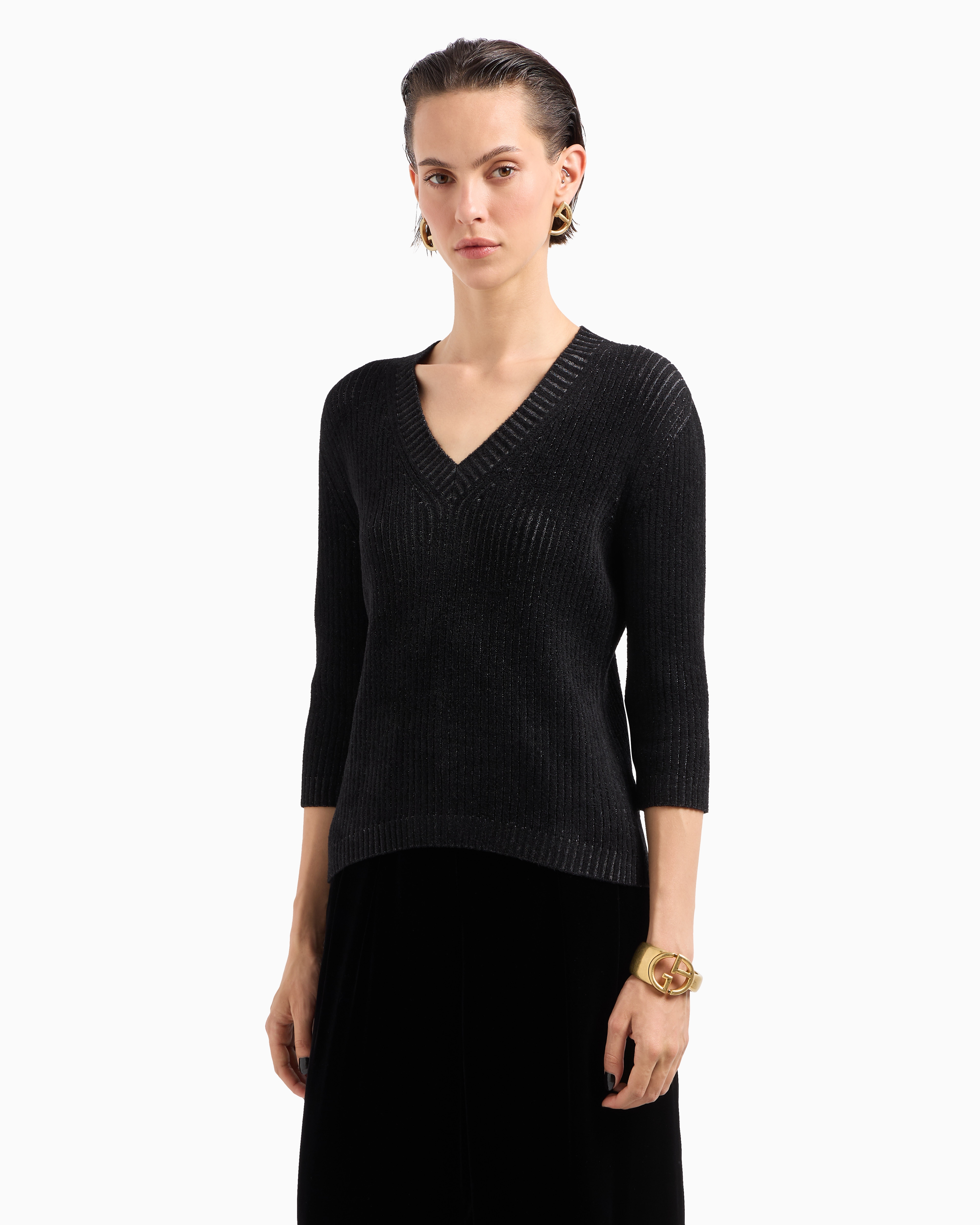 Giorgio Armani Virgin Wool And Viscose-blend V-neck Jumper In Black