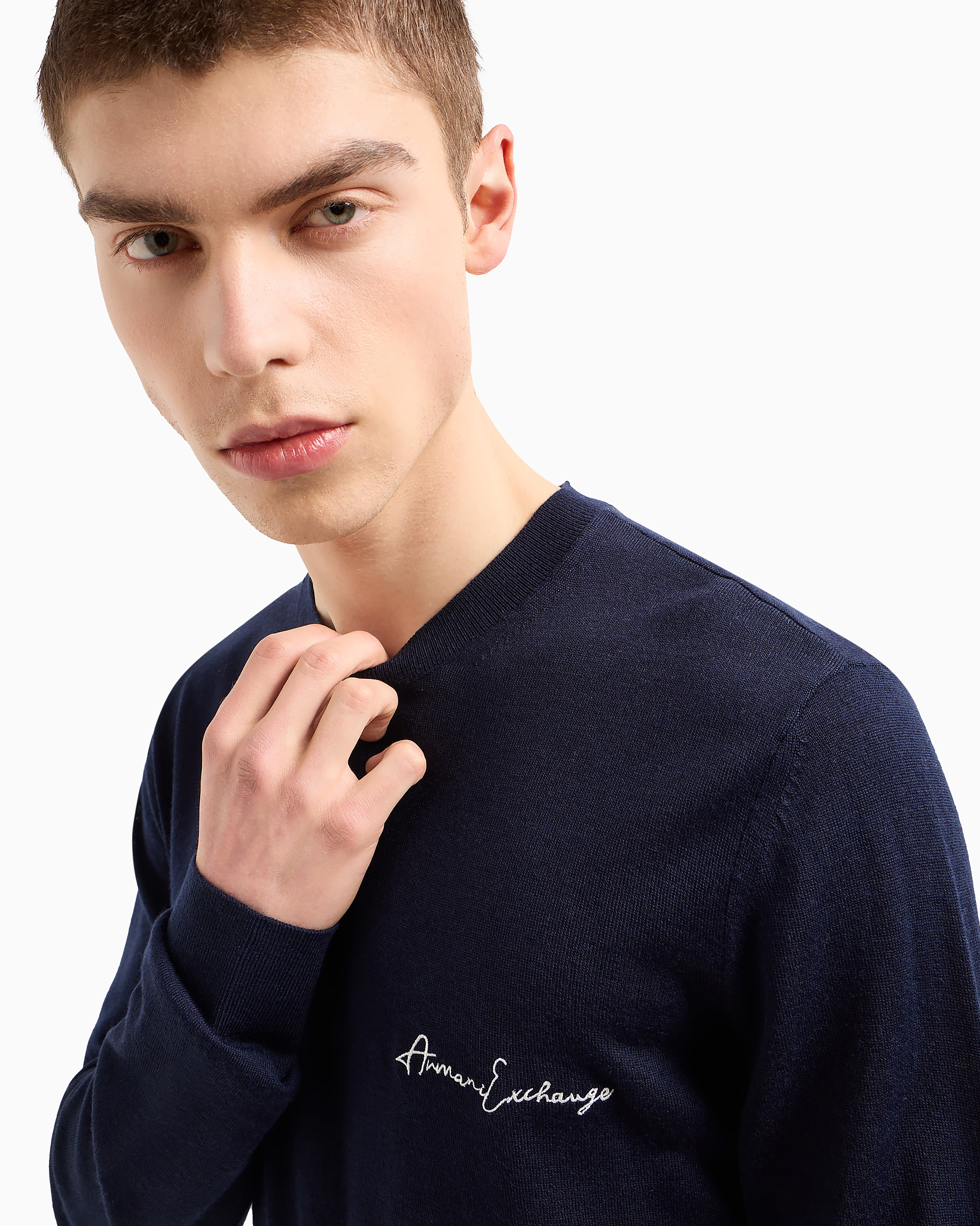 Armani Exchange - Wool blend crew neck sweater with chest logo, Man, Navy_blue, Size: