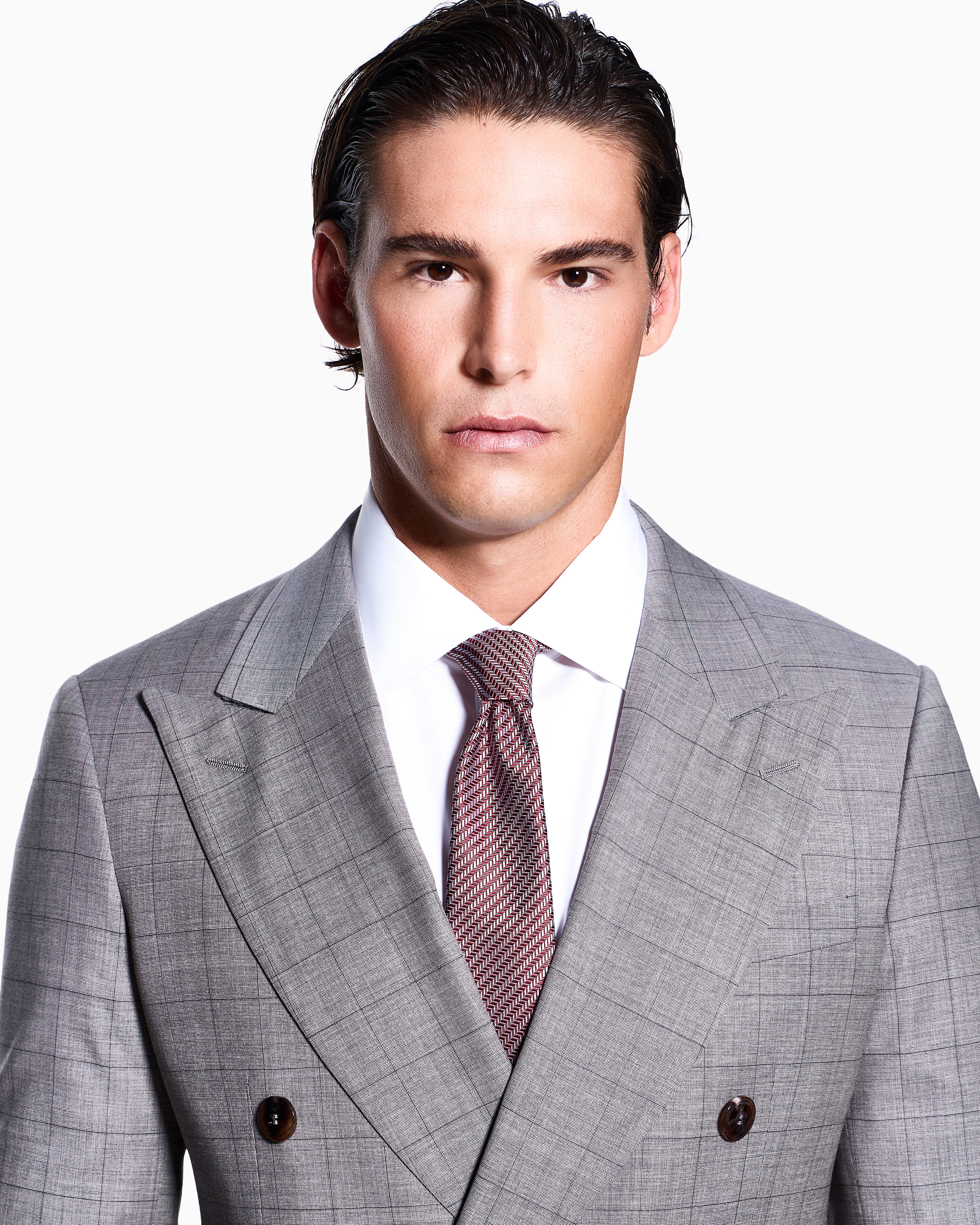 Giorgio Armani Royal Line Double-breasted Suit In Windowpane Check Virgin Wool In Gray