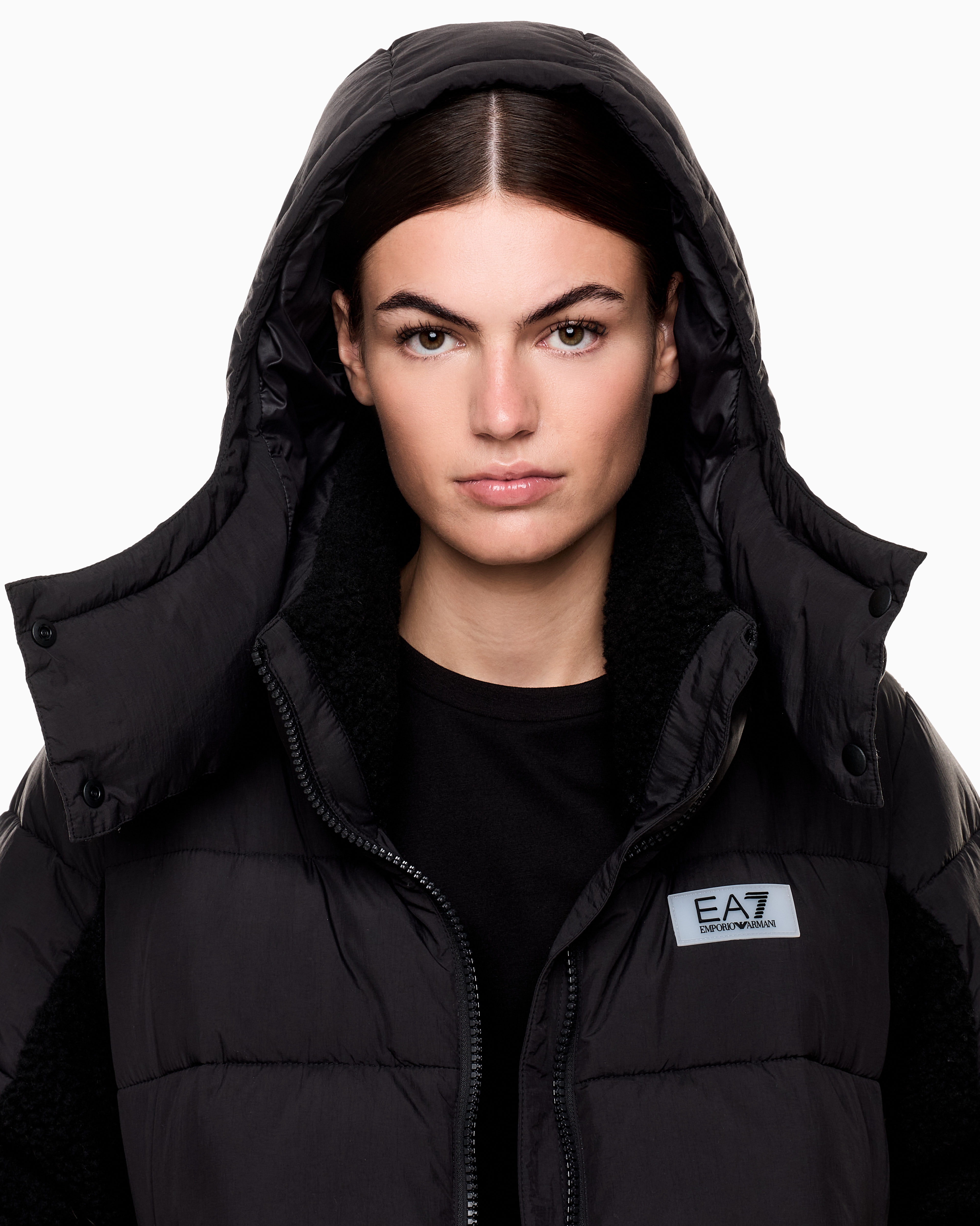 Ea7 Nylon Padded Jacket With Teddy-effect Fabric Details In Blue