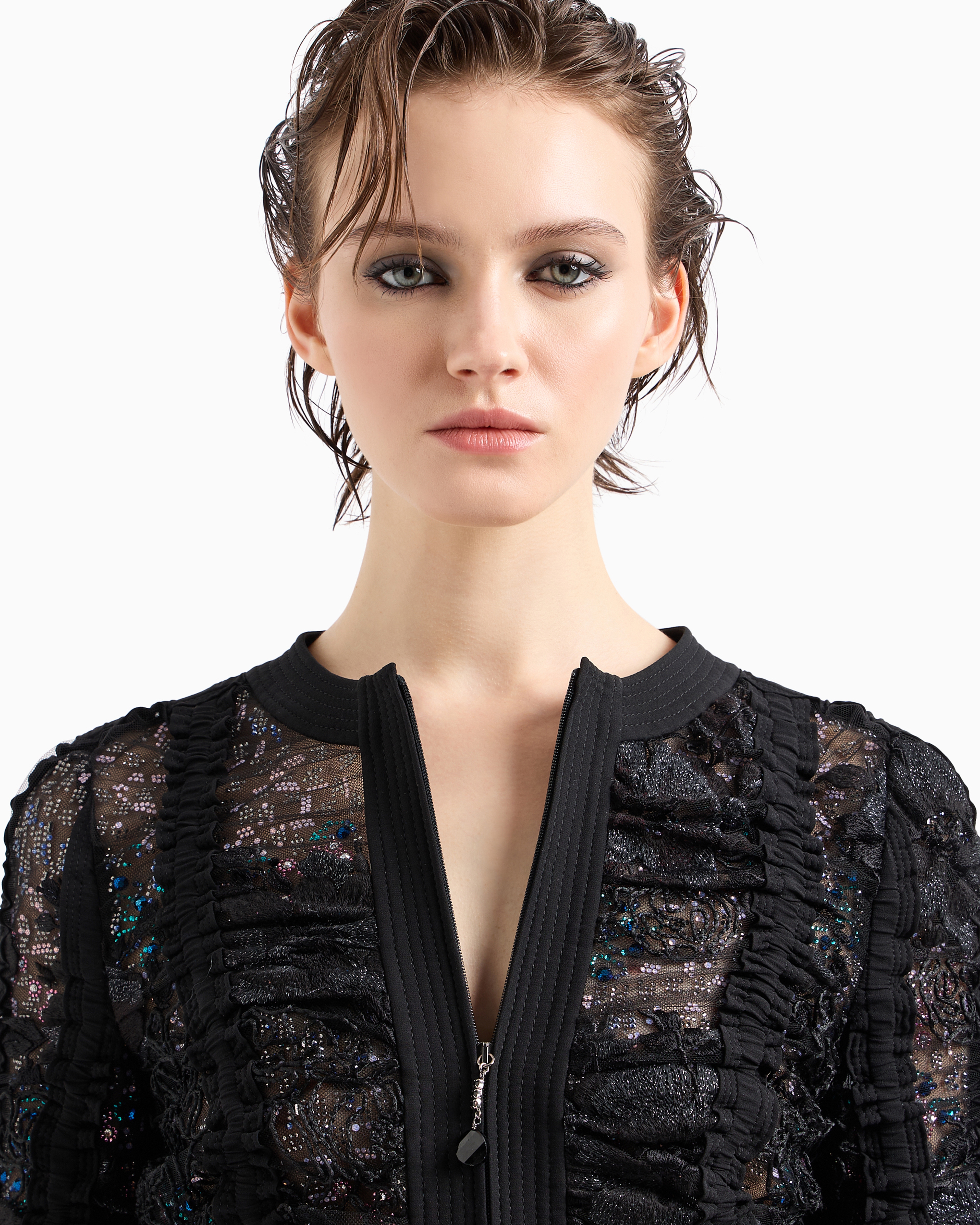 Giorgio Armani Short Jacket In Black Embroidered Lace With Zip In Black