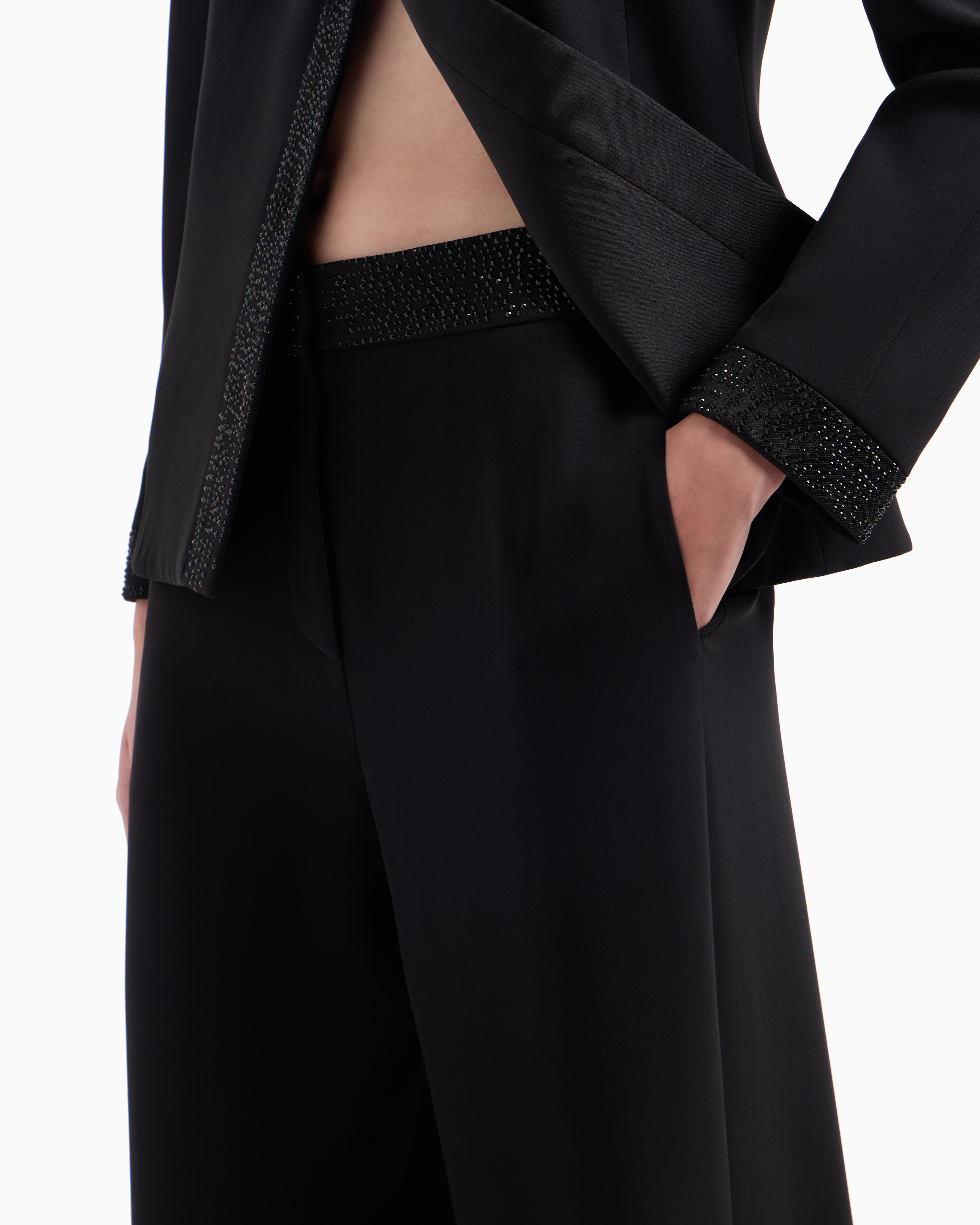 Giorgio Armani Silk Cady Trousers With An Embroidered Waistband In Black
