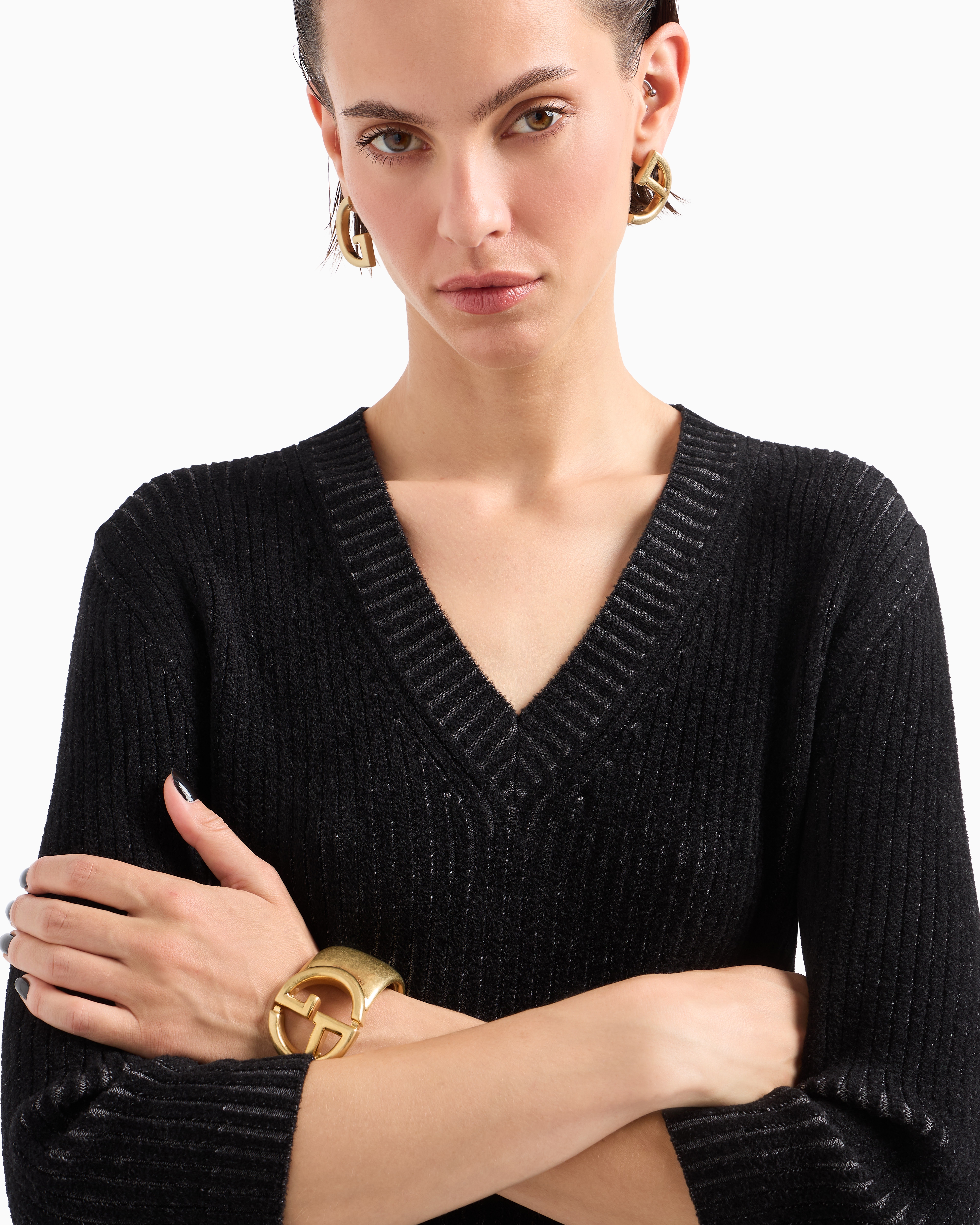 Giorgio Armani Virgin Wool And Viscose-blend V-neck Jumper In Black