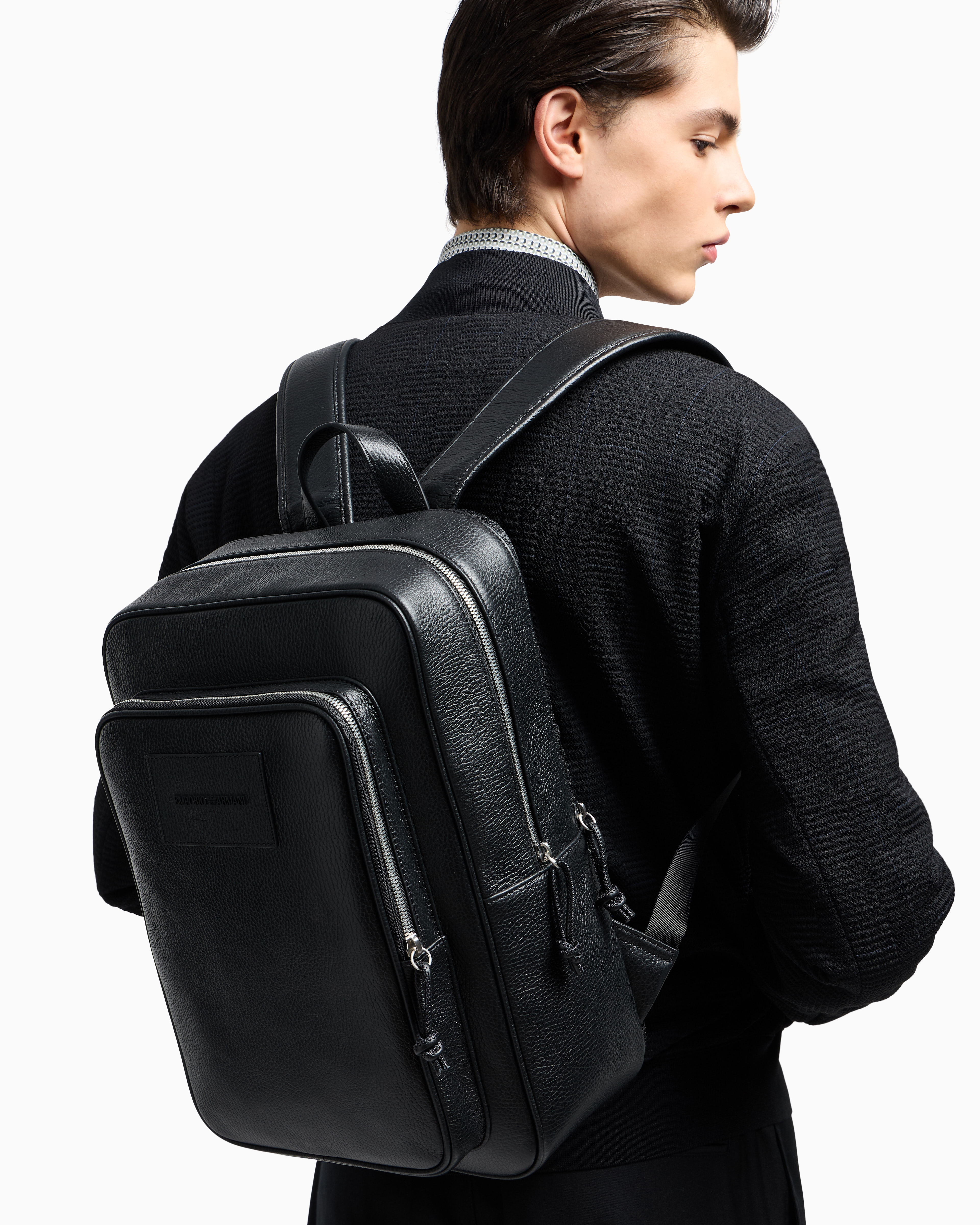 Emporio Armani - Tumbled-leather backpack with laptop compartment, Man, Black, Size: TU