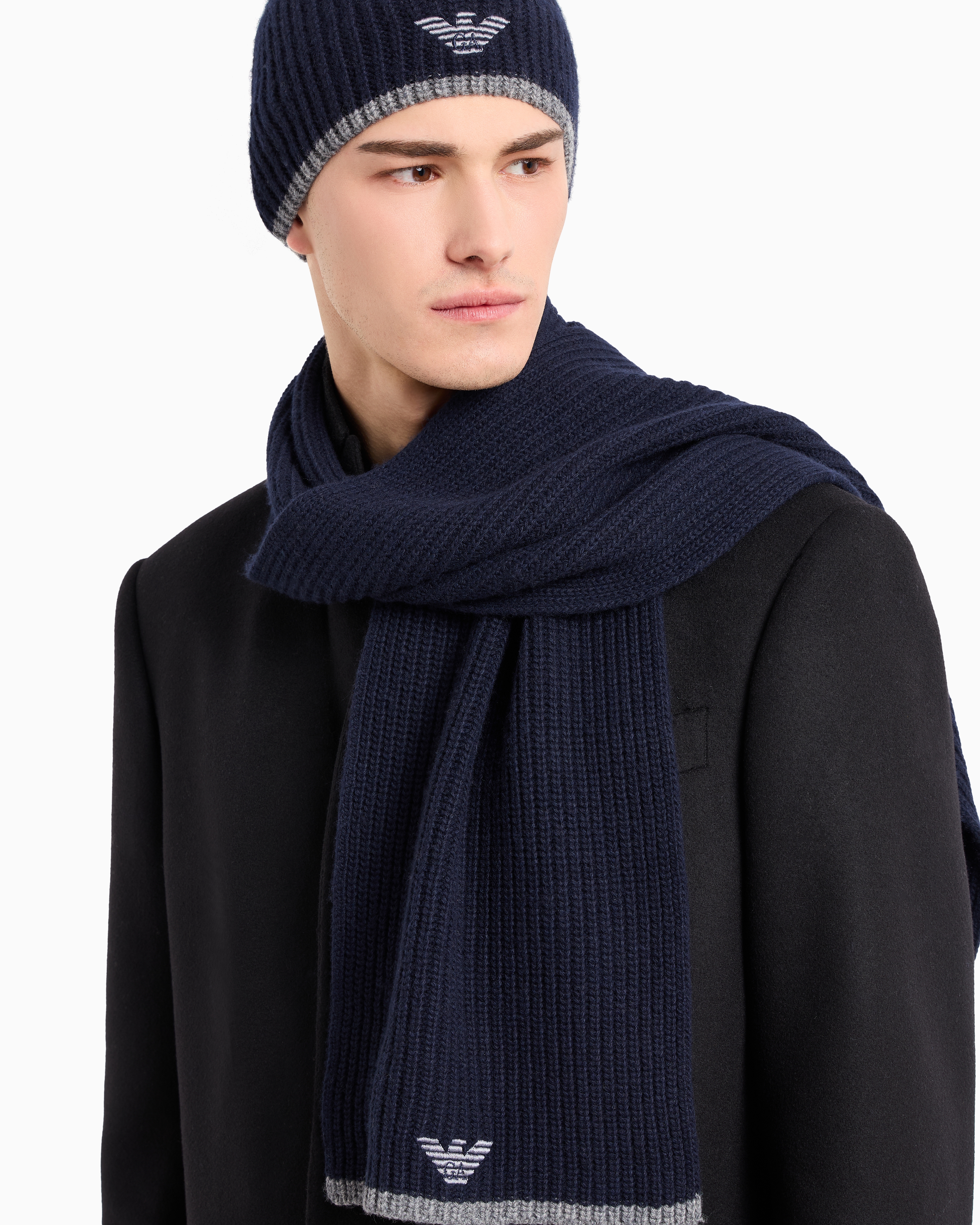 Emporio Armani - Hat and scarf set with embroidered eagle, Man, Navy Blue, Size: TU