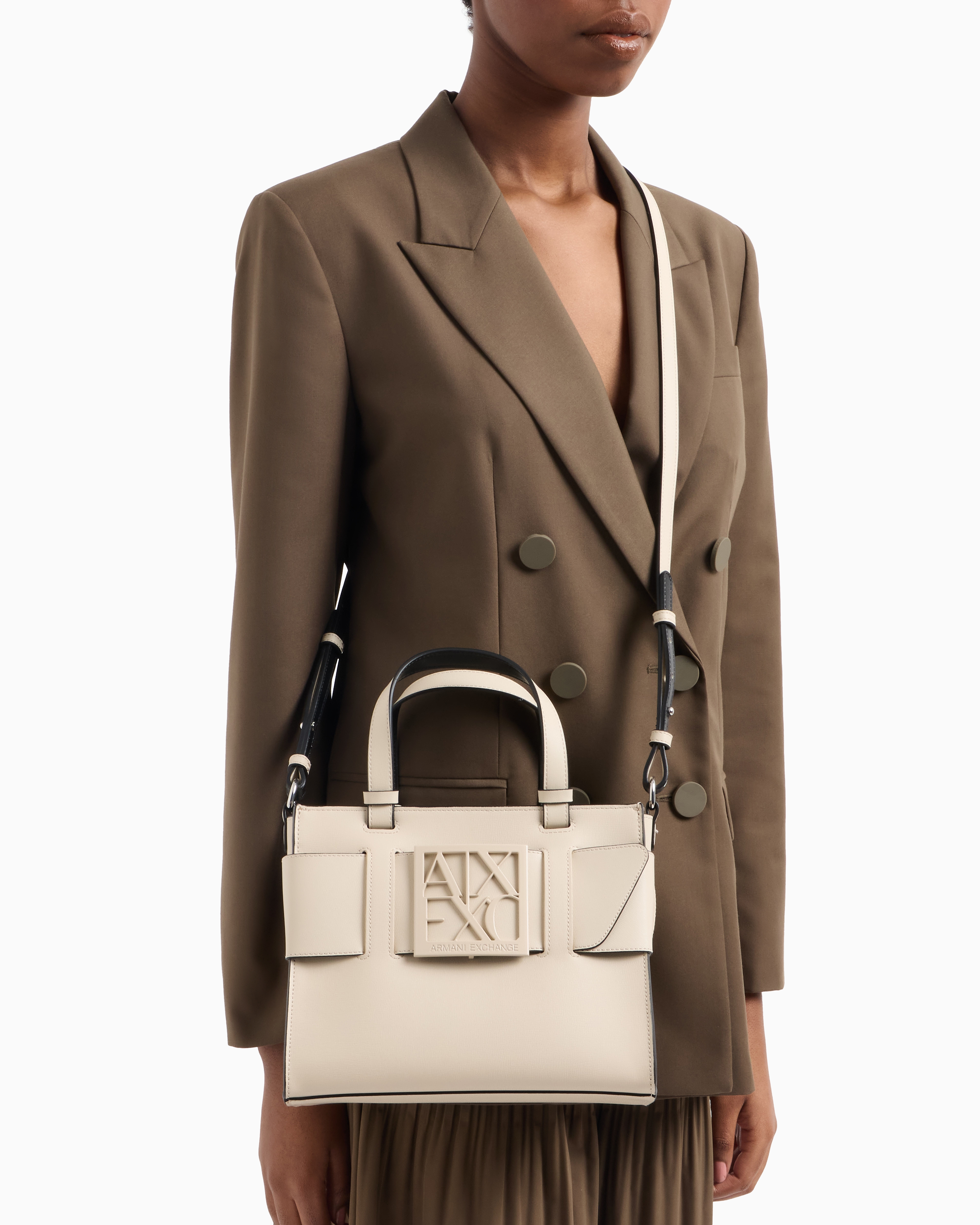 Armani Exchange - Medium tote bag with double handles and shoulder strap, Woman, Beige, Size: TU