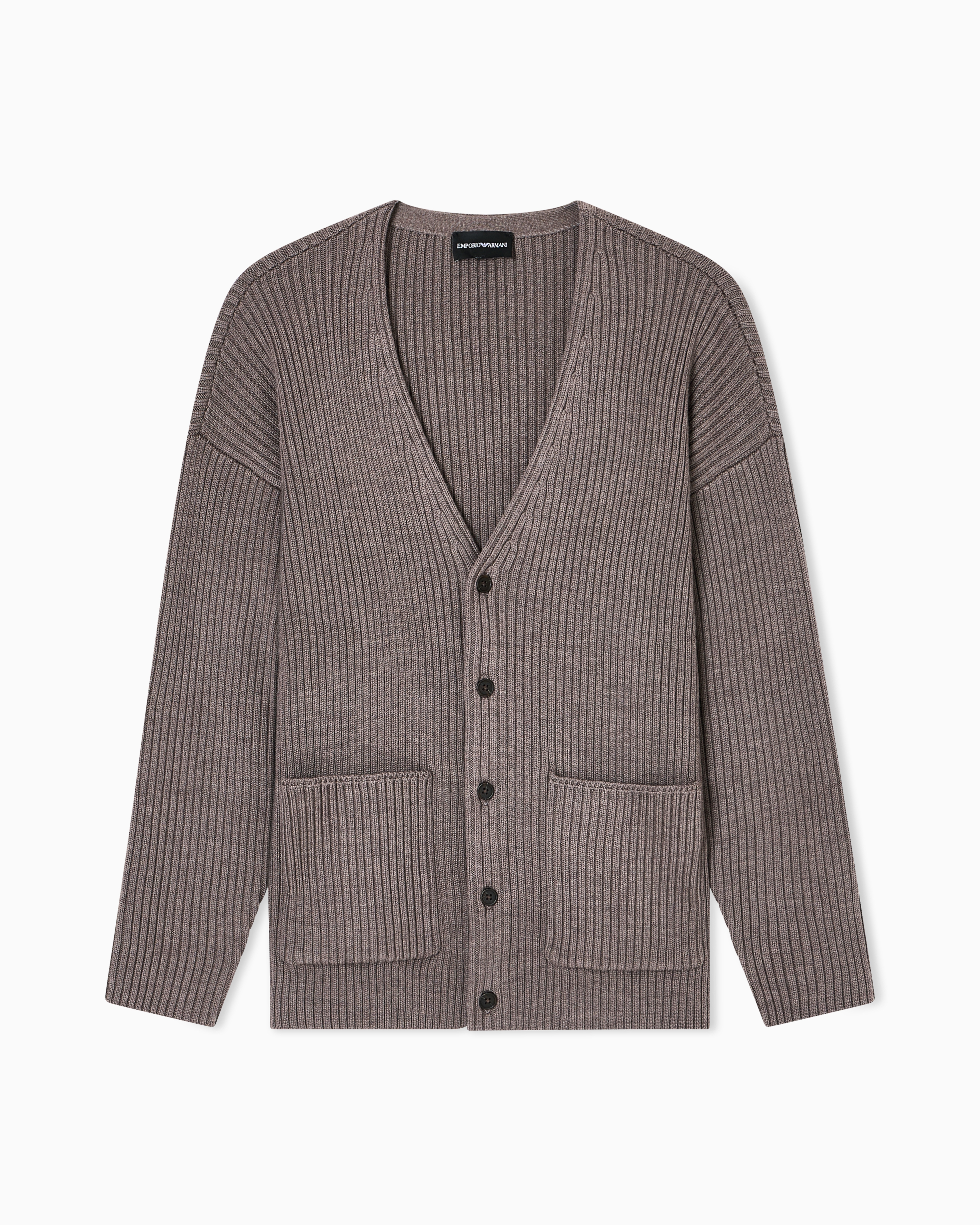 Emporio Armani - Ribbed wool-blend V-neck cardigan, Man, Brown, Size: