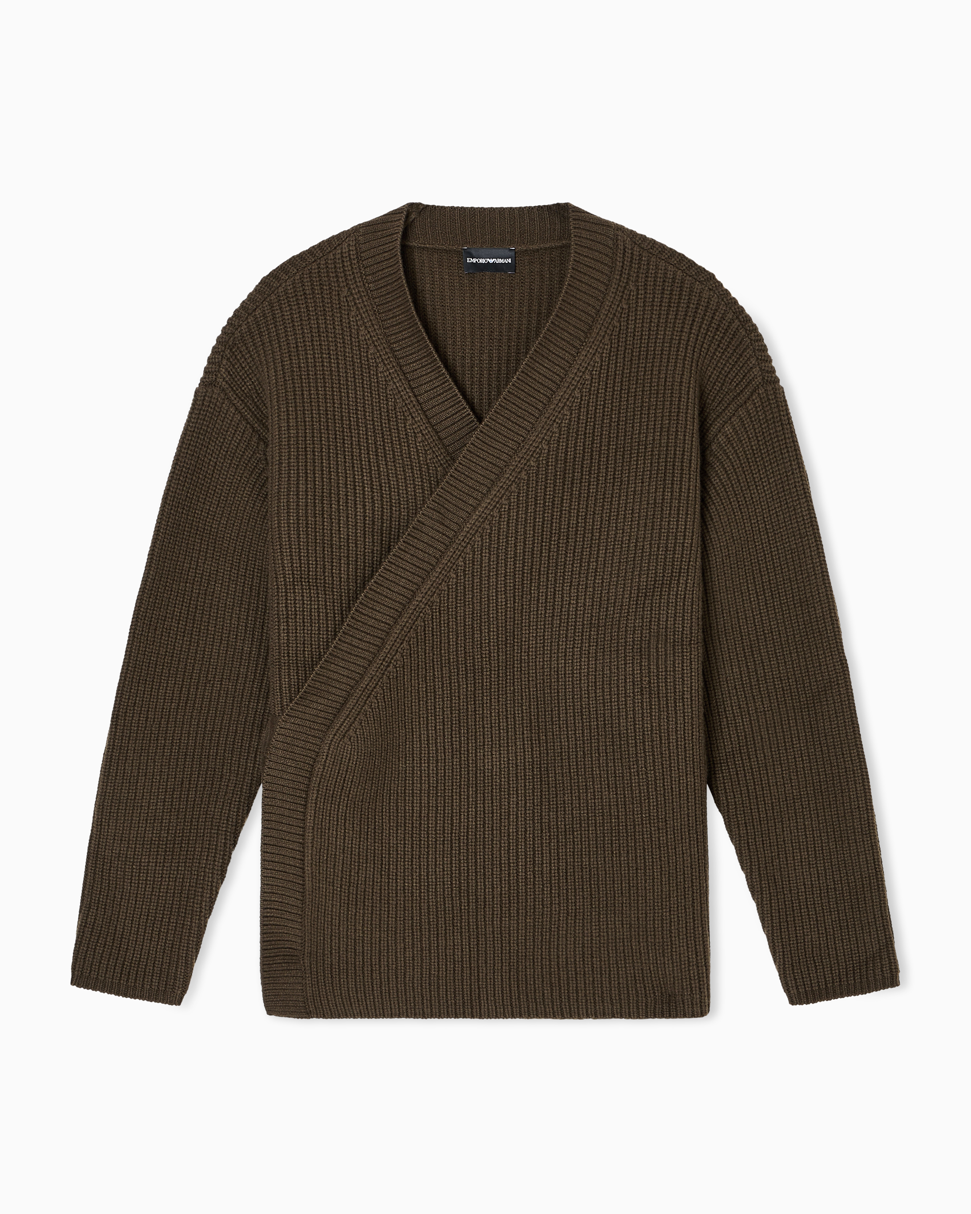 Emporio Armani Oversized Wool Cardigan With A Cache-coeur Closure In Brown