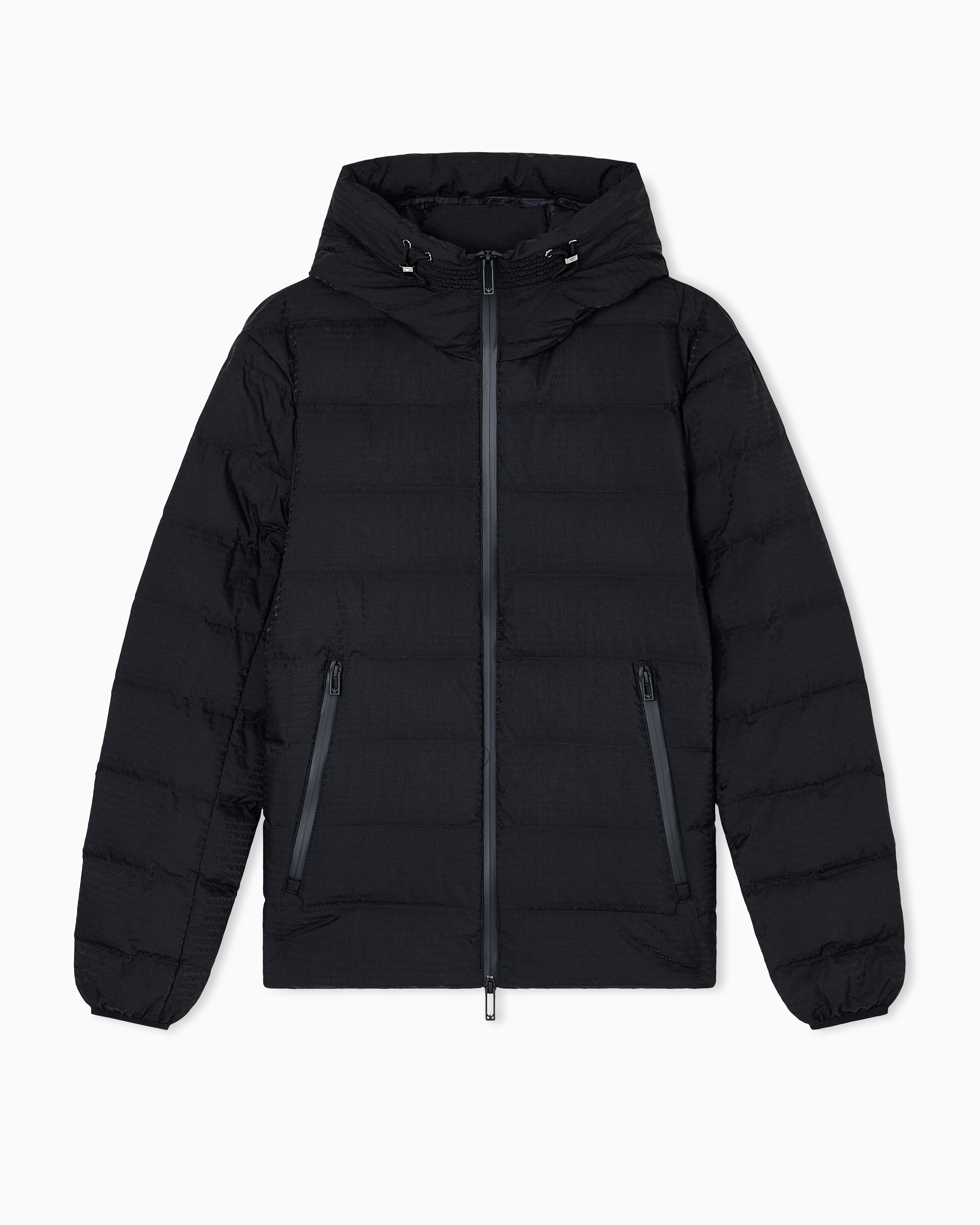 Emporio Armani - Hooded, quilted-nylon down jacket with jacquard logo lettering, Man, Black, Size: 48