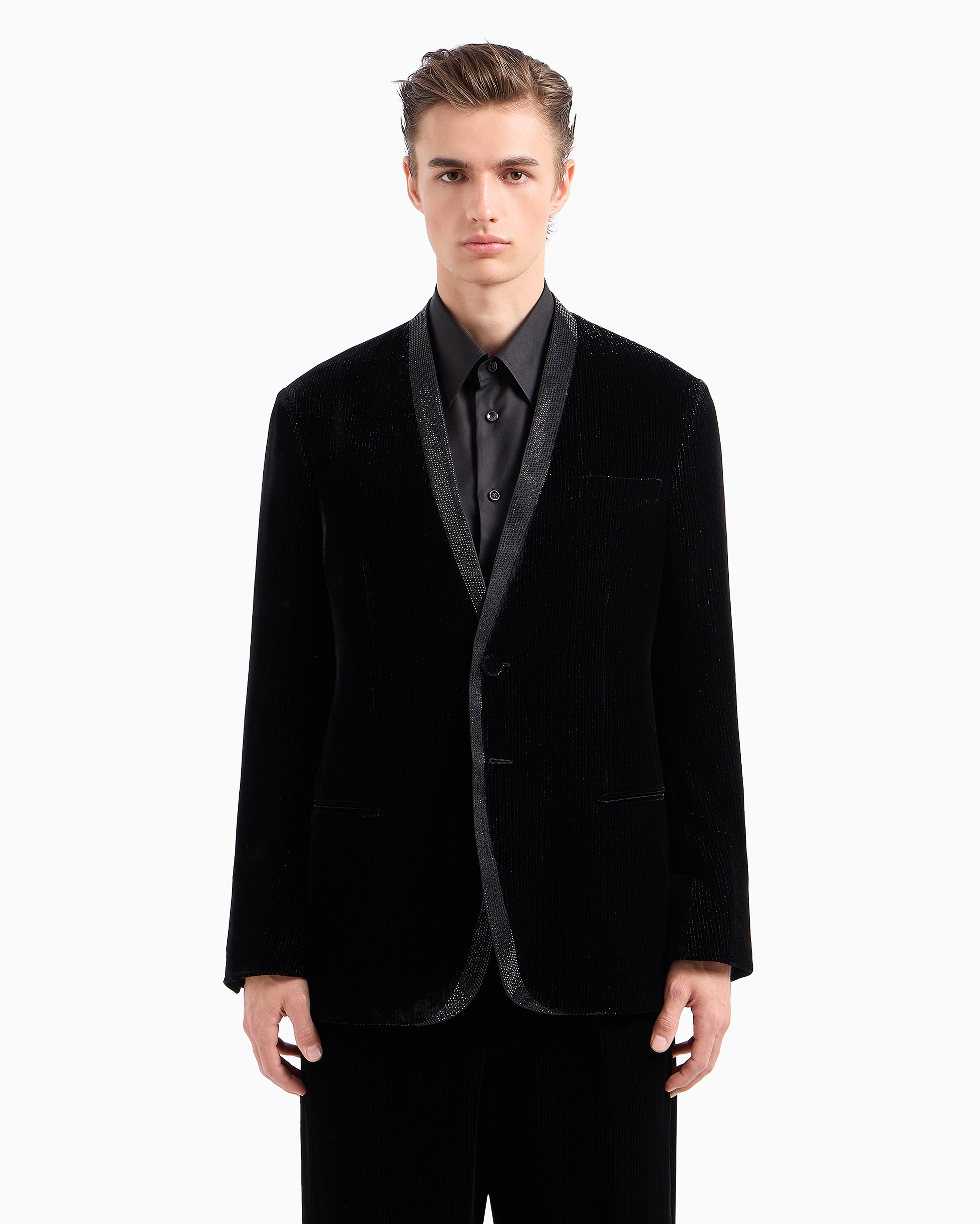 Giorgio Armani Giorgio's Single-breasted, Tuxedo Jacket In Shiny Pinstriped Velvet In Black
