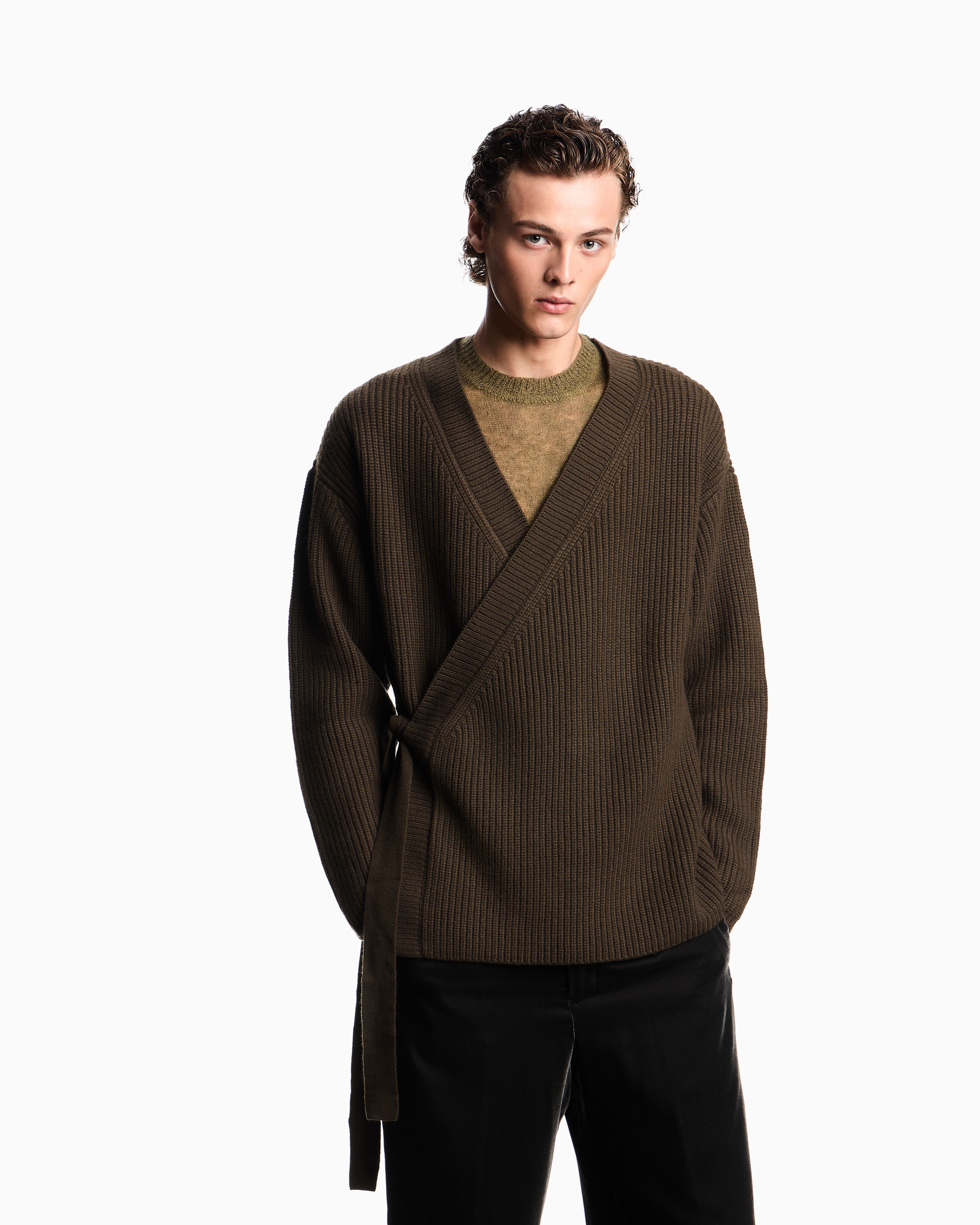 Emporio Armani Oversized Wool Cardigan With A Cache-coeur Closure In Brown