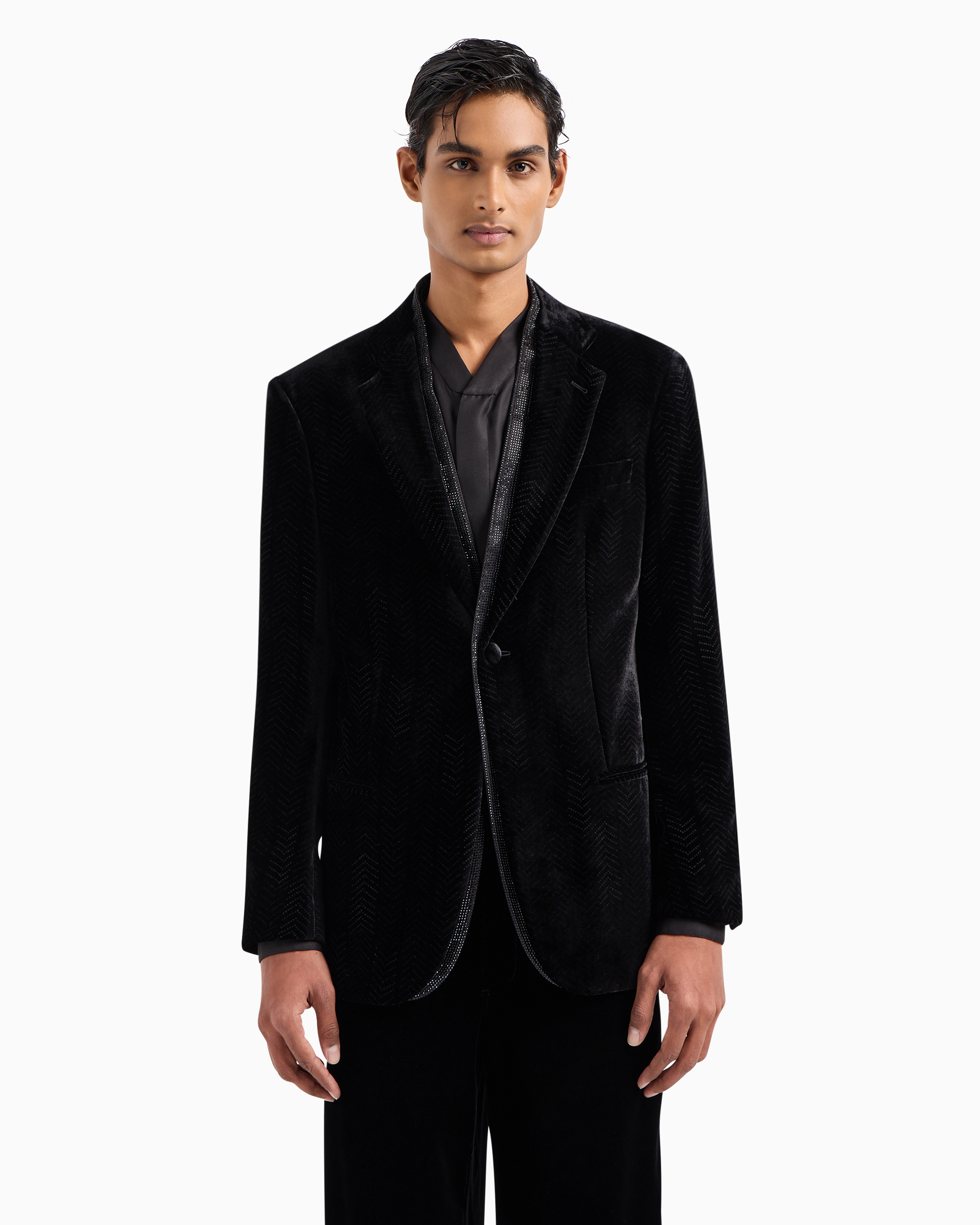Giorgio Armani Studded-trim Velvet Blazer In Black