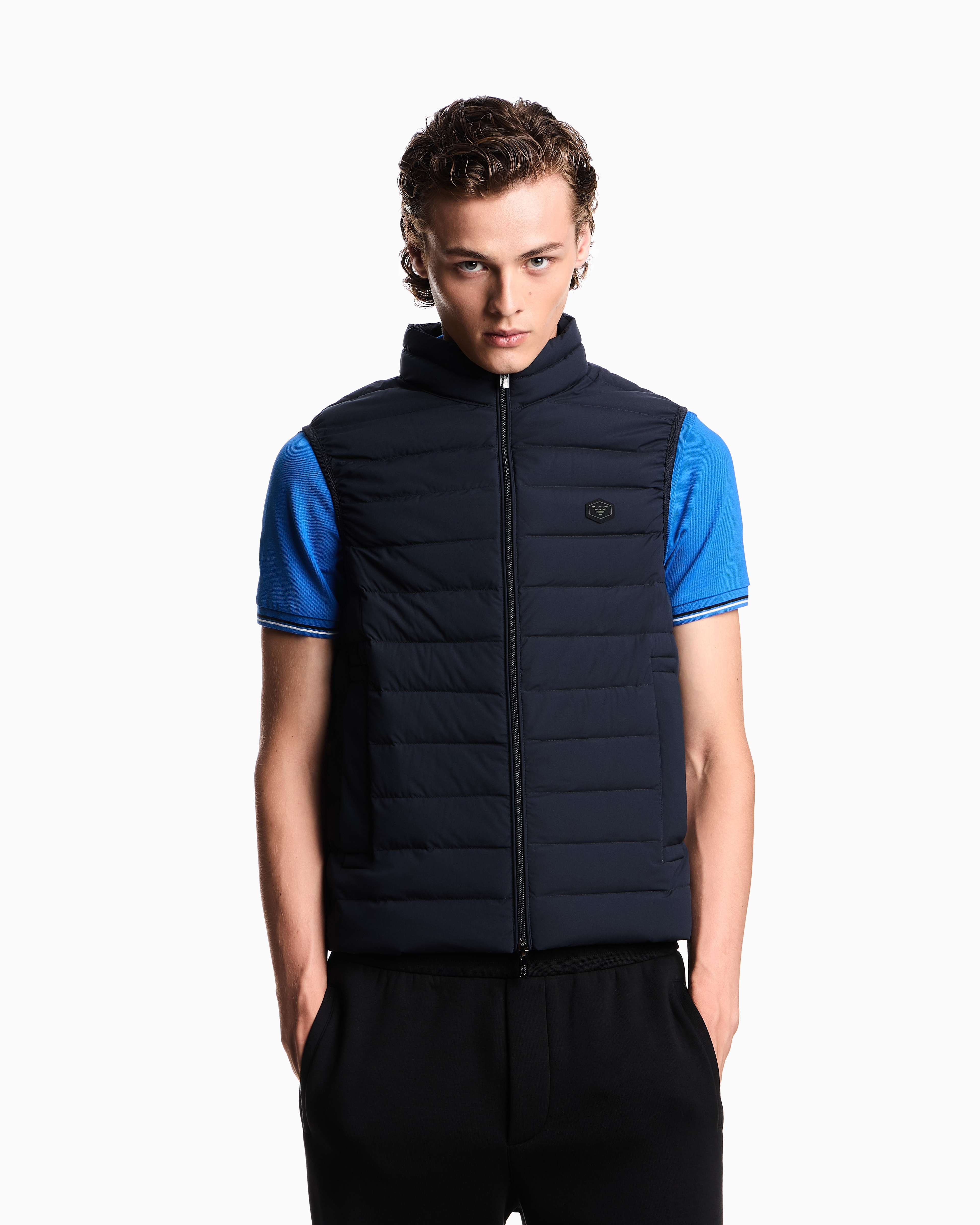 Sleeveless full-zip down jacket in quilted nylon with eagle
