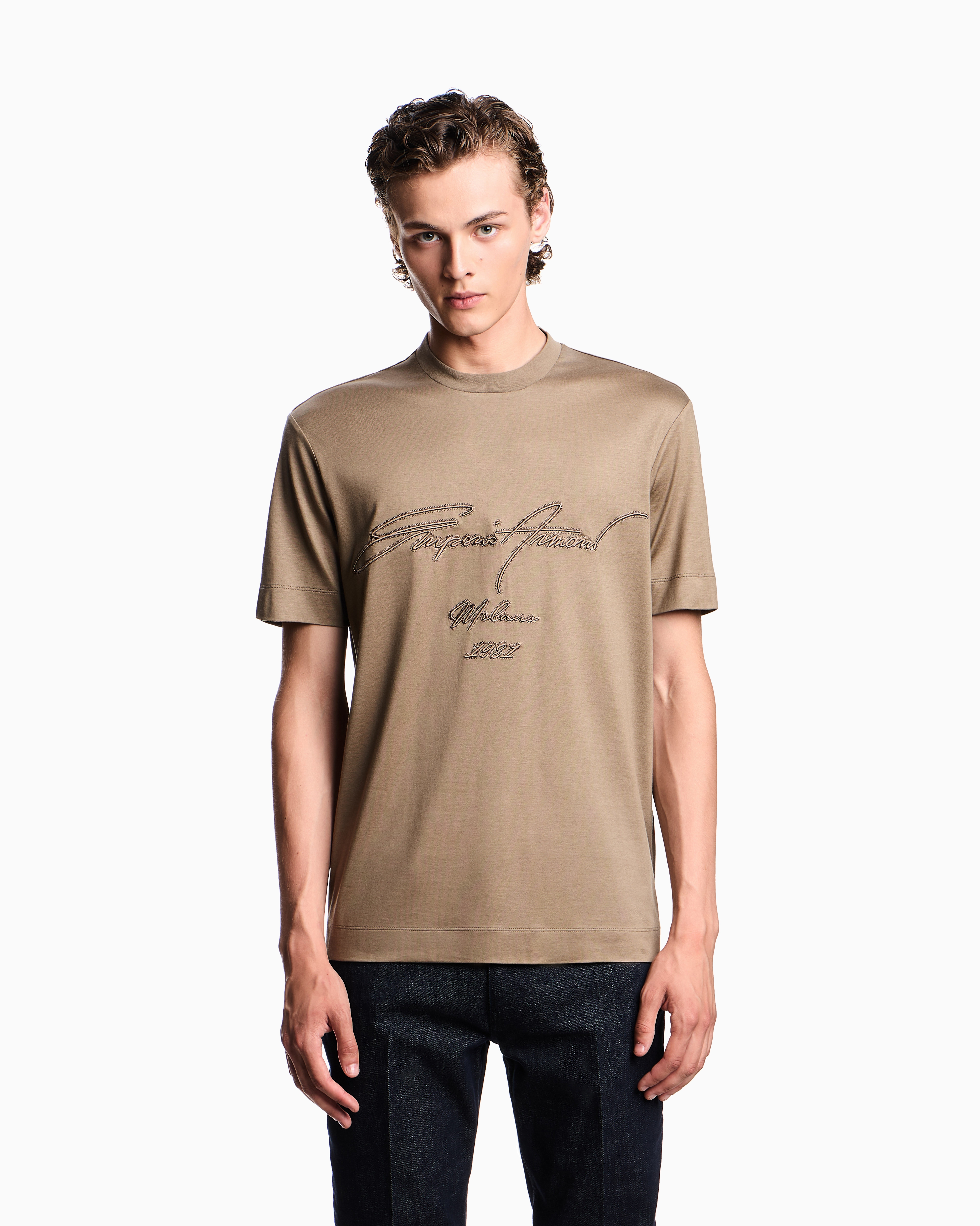 Emporio Armani Asv Lyocell-blend Jersey T-shirt With Oversized Embroidery In Brown