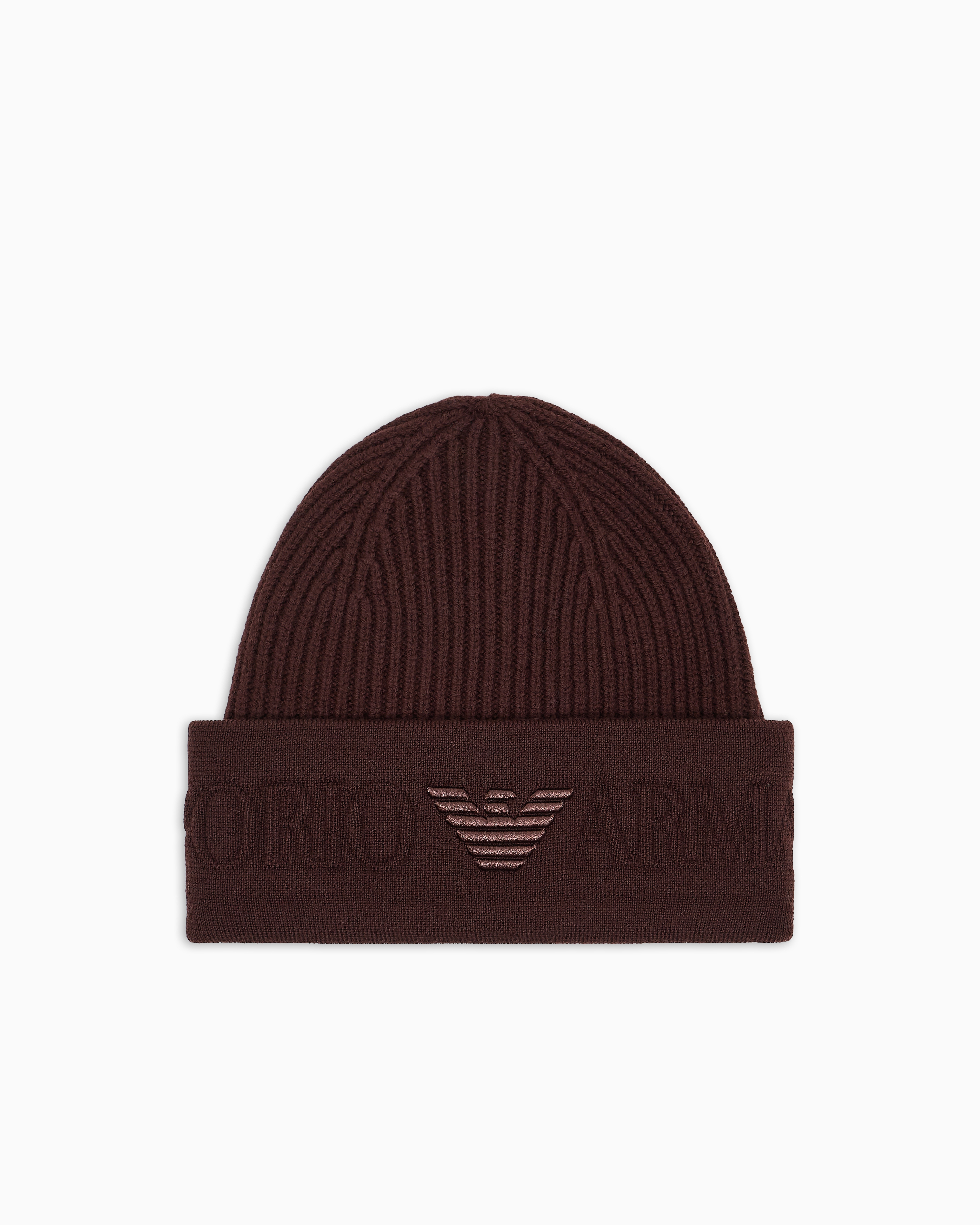 Emporio Armani - Wool beanie with logo brim, Man, Brown, Size: