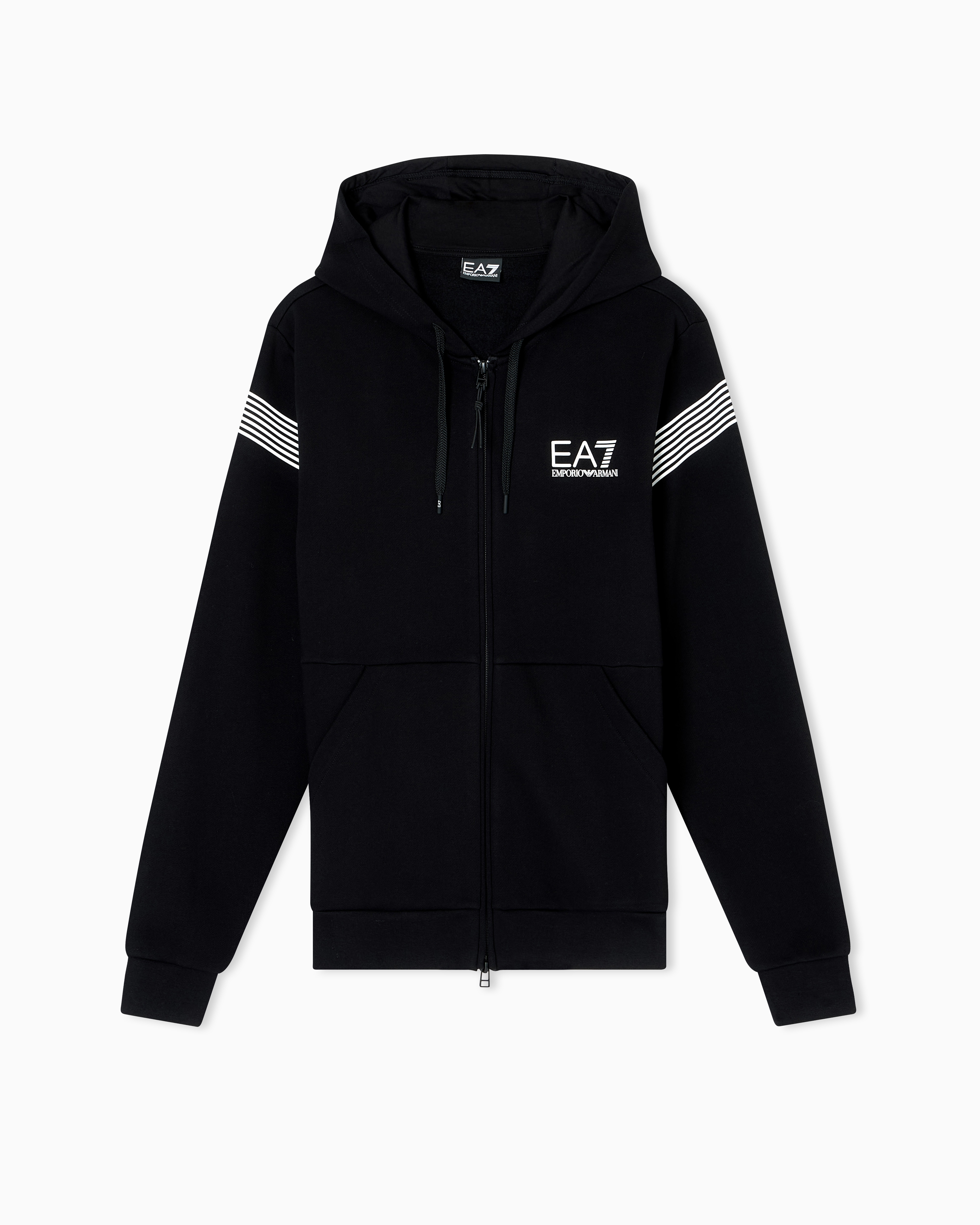 Ea7 Asv 7 Lines Cotton-blend Hooded Sweatshirt In Black