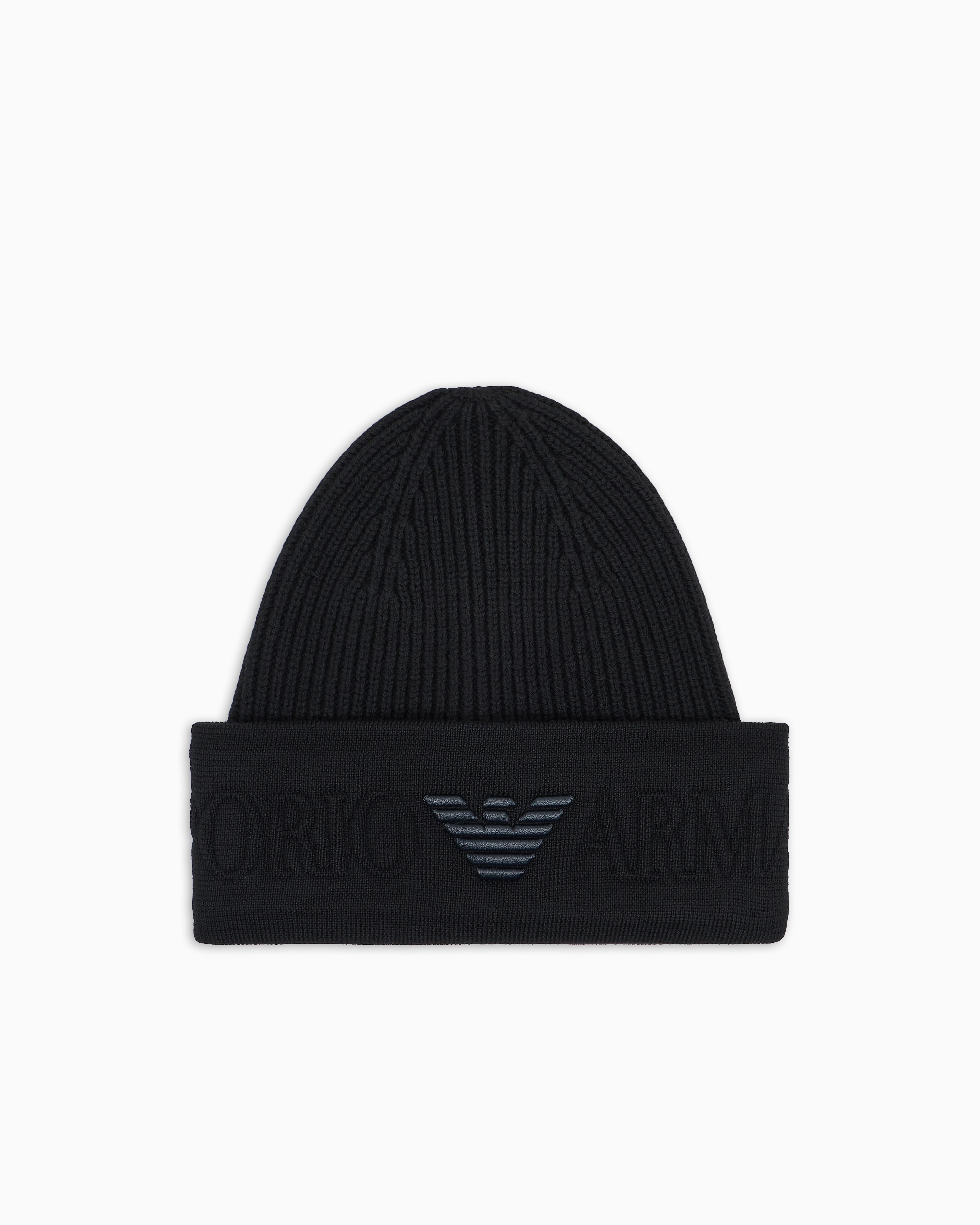 Emporio Armani - Wool beanie with logo brim, Man, Black, Size:
