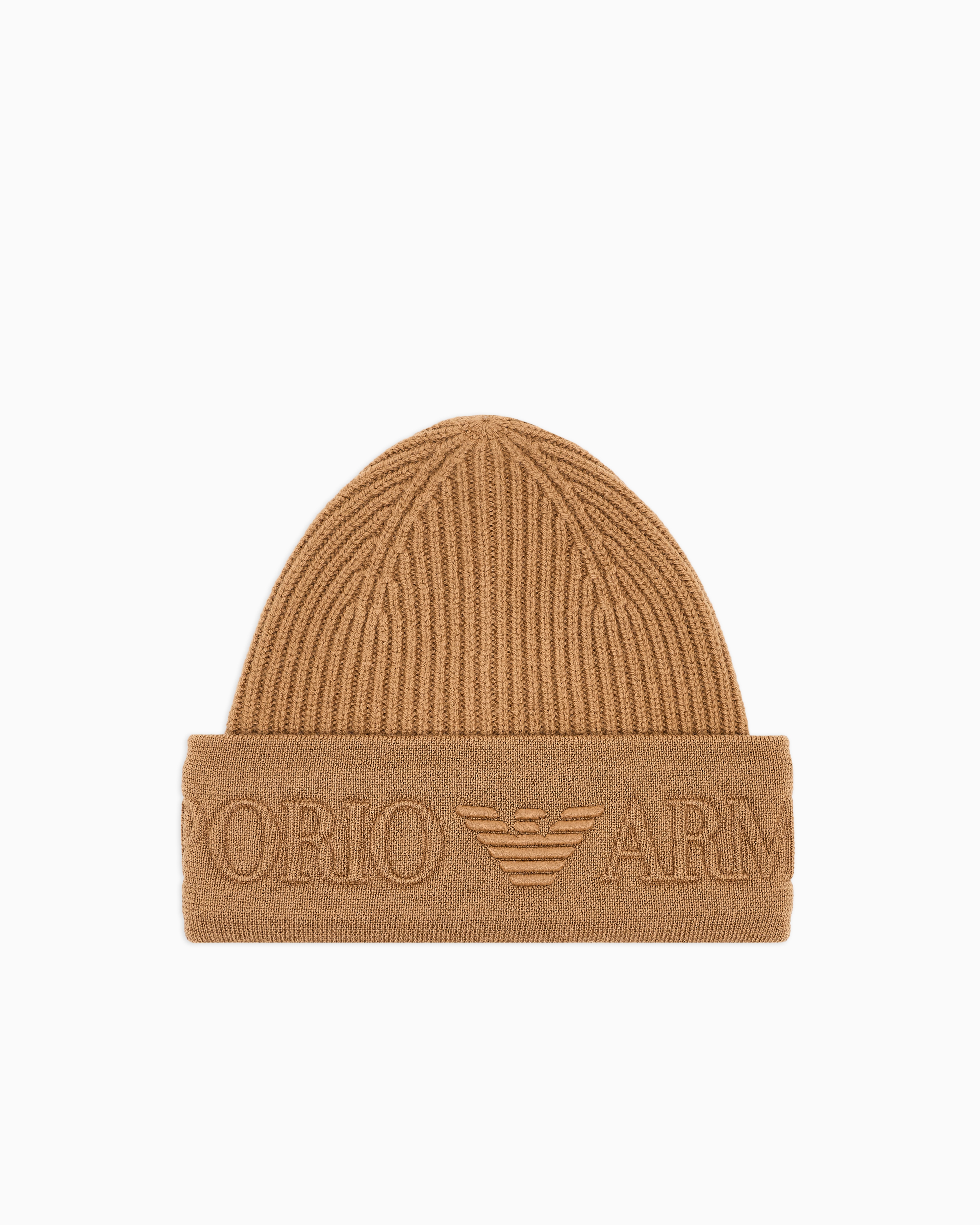 Emporio Armani - Wool beanie with logo brim, Man, Beige, Size: