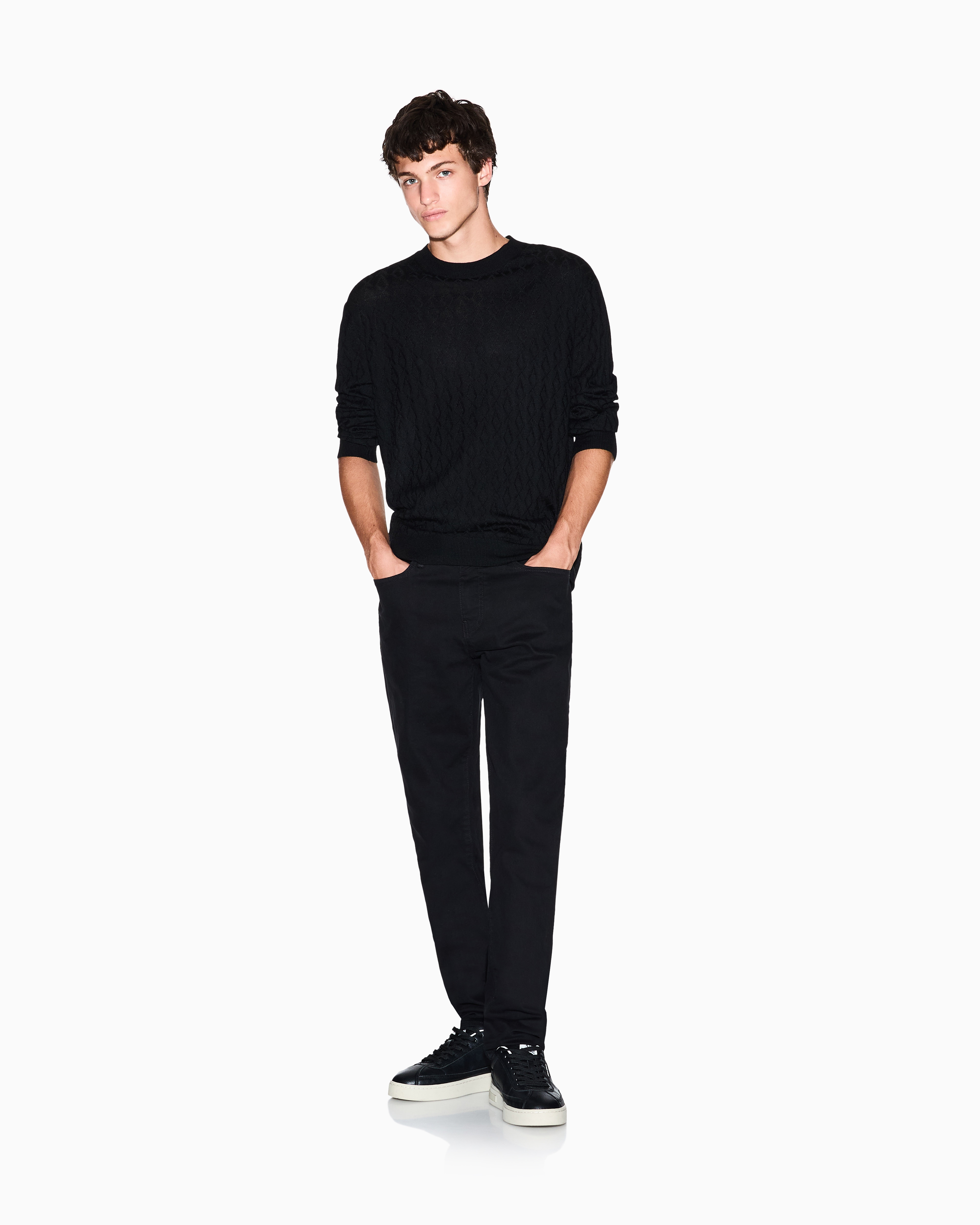Armani Exchange - Wave-worked crew neck sweater, Man, Black, Size: