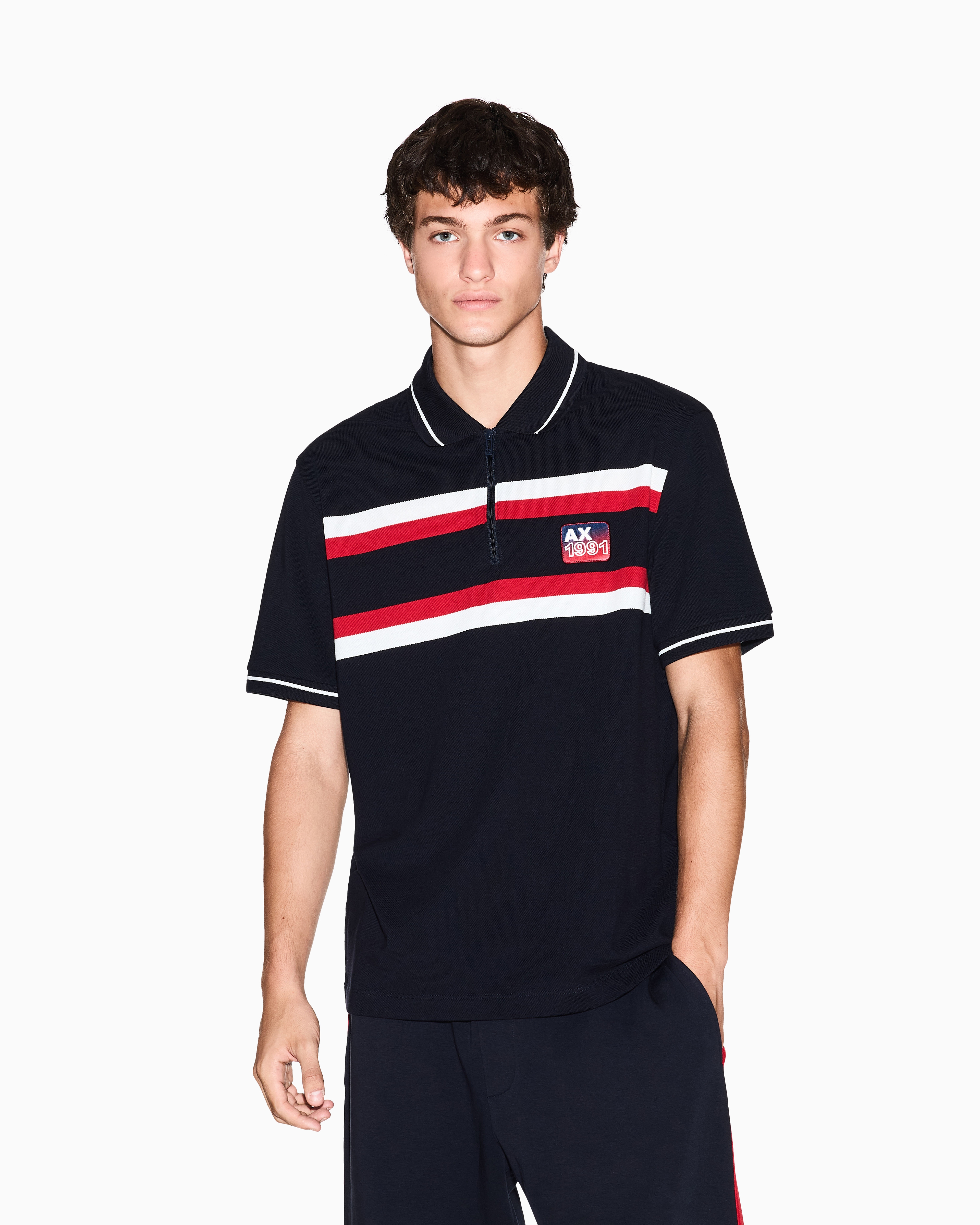 Armani Exchange - Regular fit polo shirt with zip and contrasting bands, Man, Navy Blue, Size:
