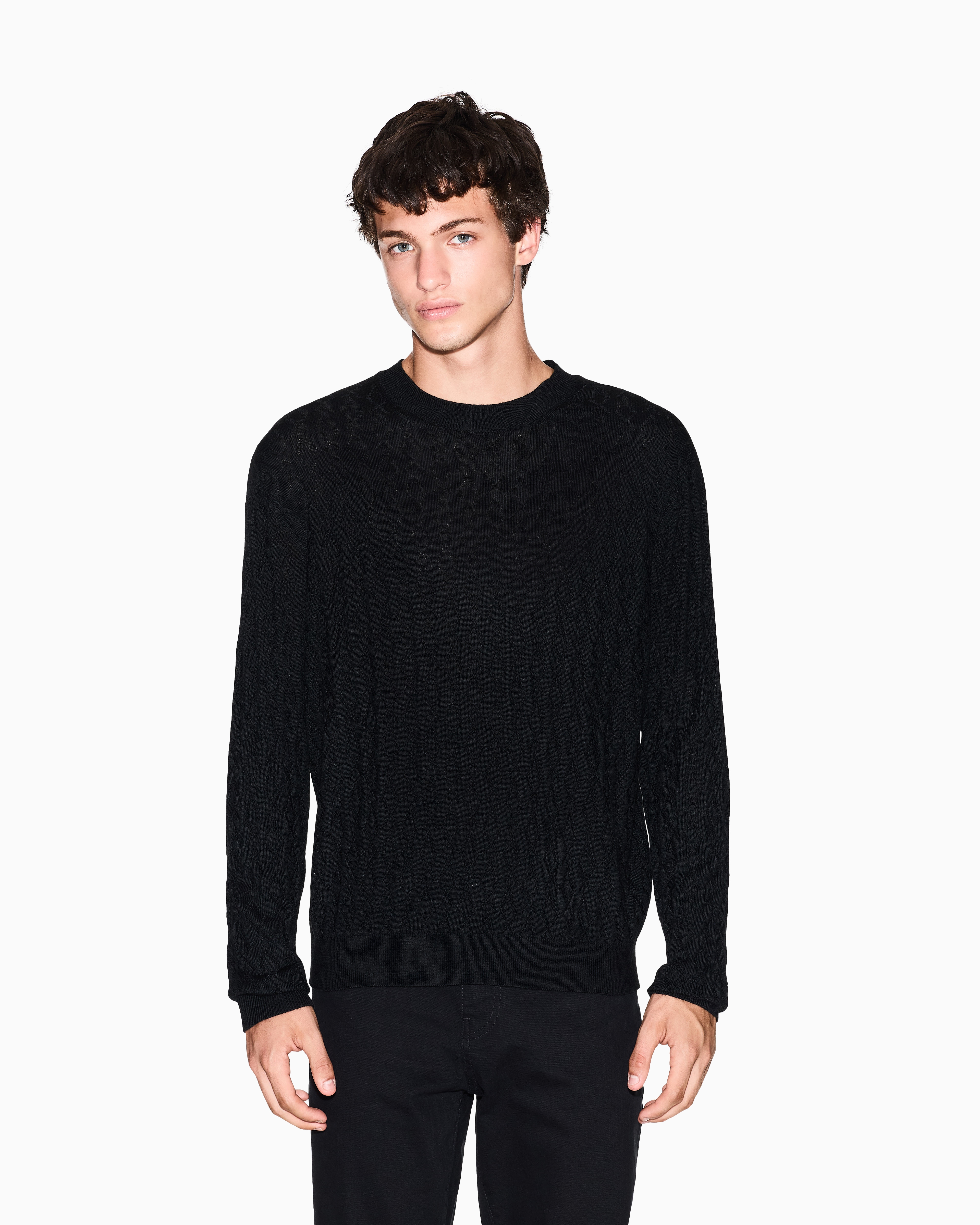 Armani Exchange - Wave-worked crew neck sweater, Man, Black, Size: