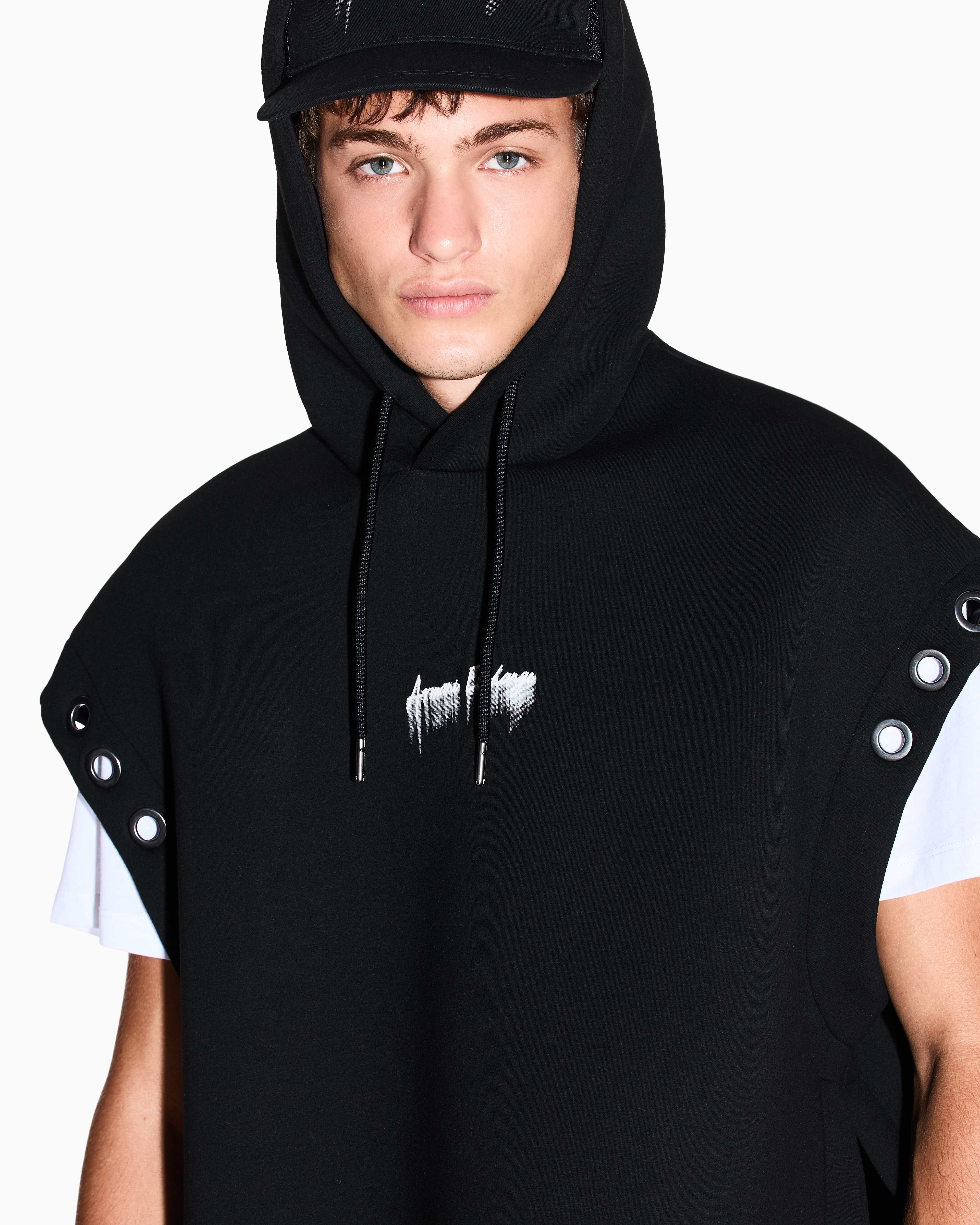 Armani Exchange - BLACK SLEEVELESS LOGO EYELET HOODIE, Man, Black, Size: