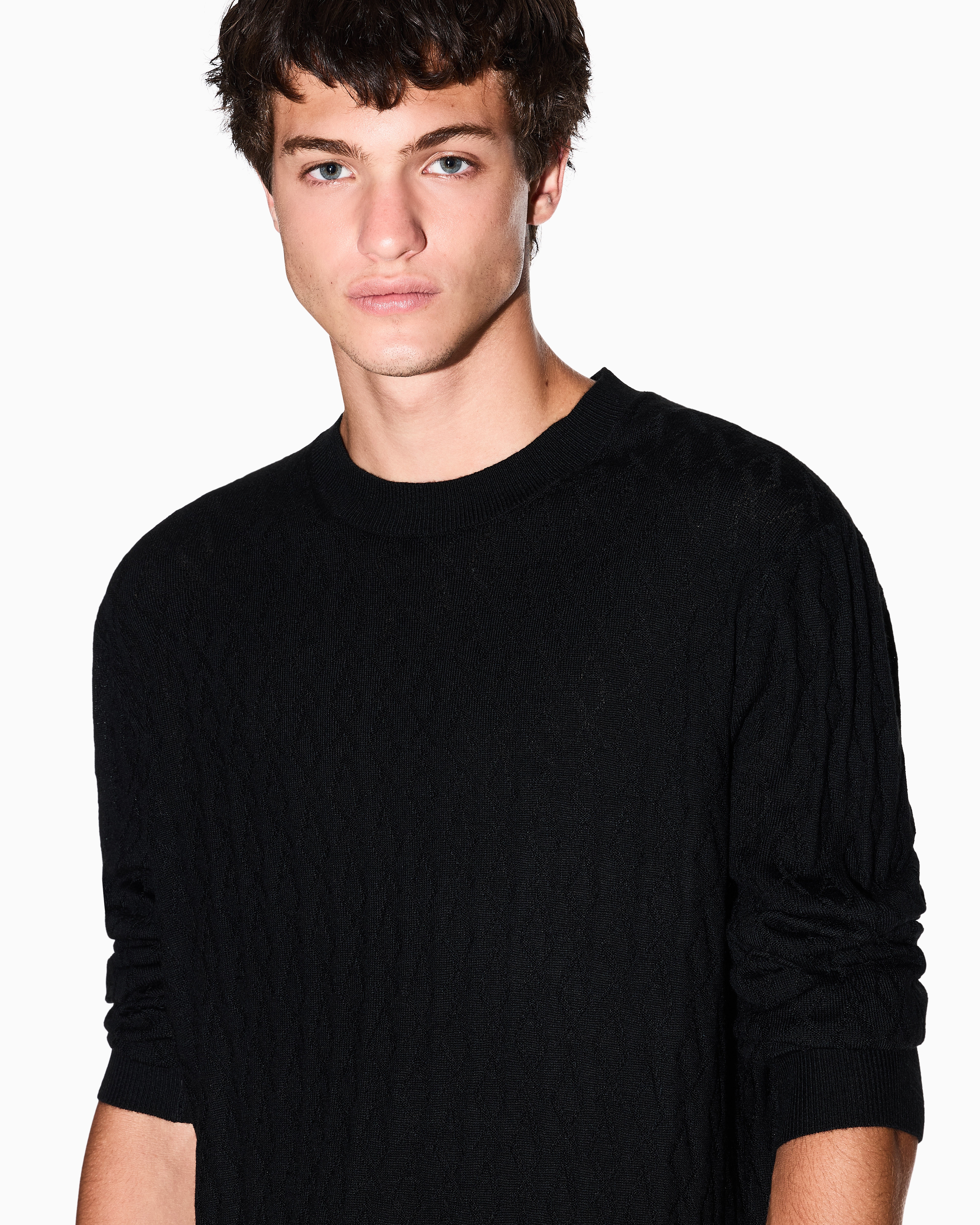 Armani Exchange - Wave-worked crew neck sweater, Man, Black, Size: