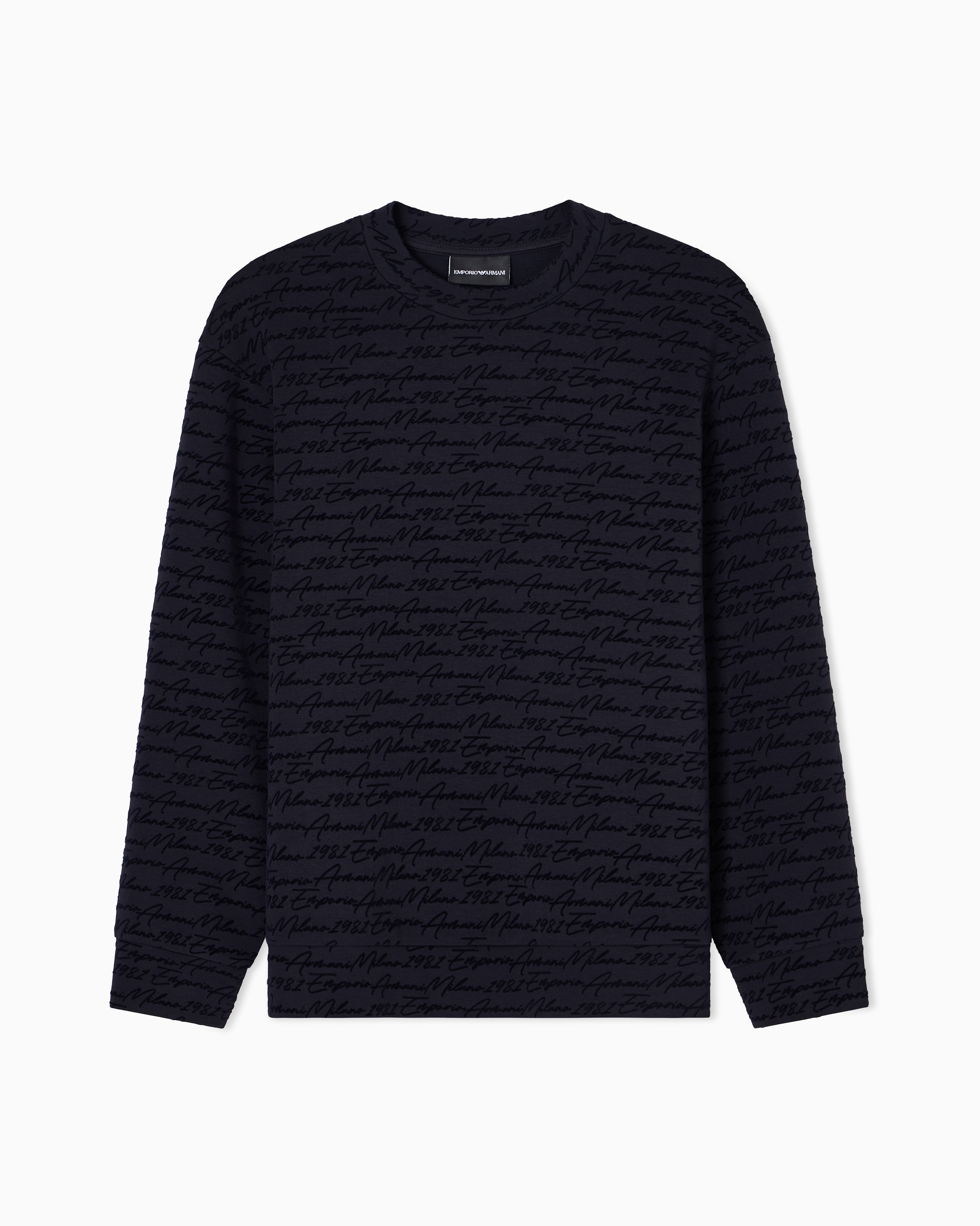 Emporio Armani - ASV Lyocell-blend jersey sweatshirt with all-over flocked logo, Man, Navy_blue, Size: