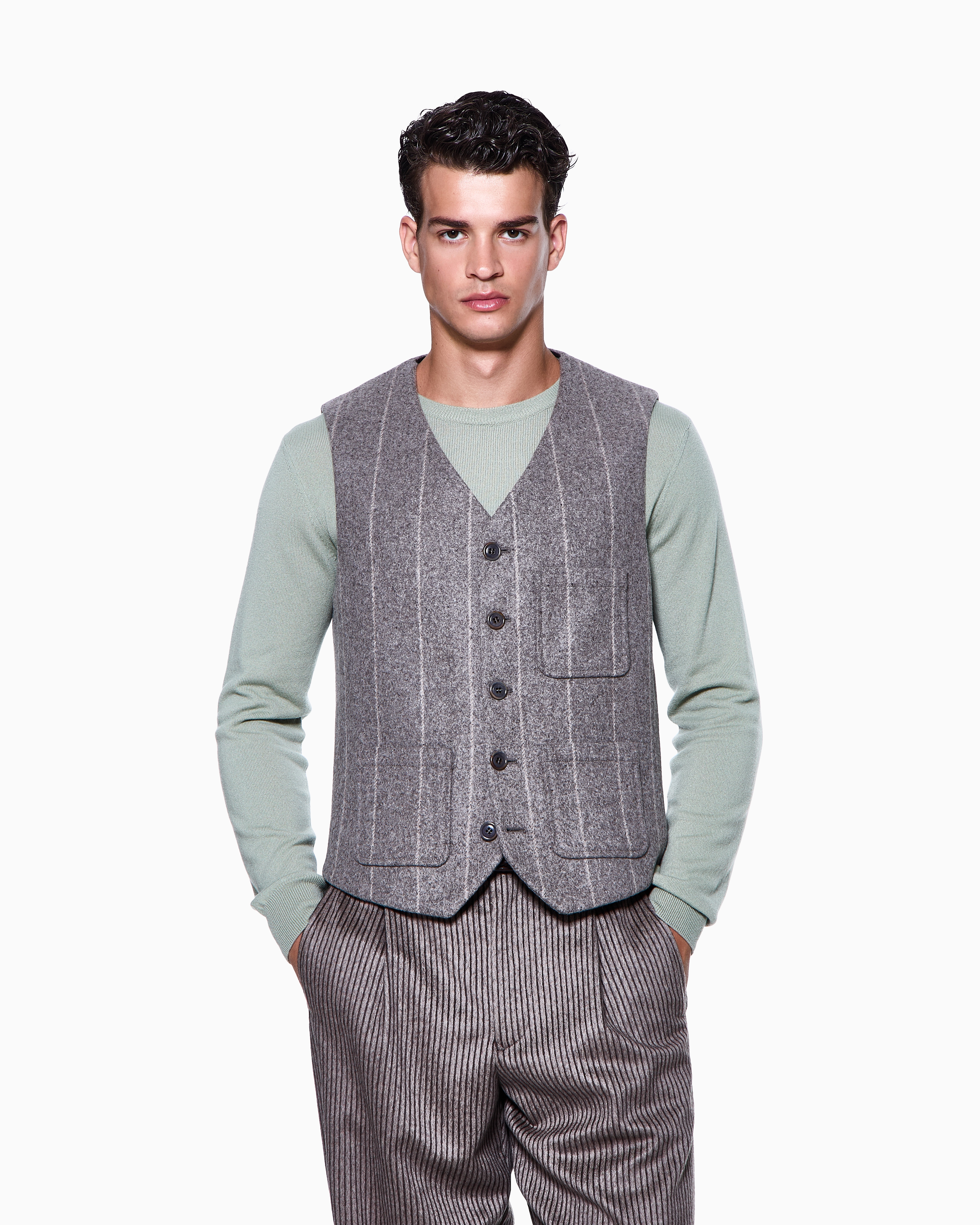 Giorgio Armani Single-breasted Waistcoat In Pinstriped Alpaca-blend Cloth In Neutral