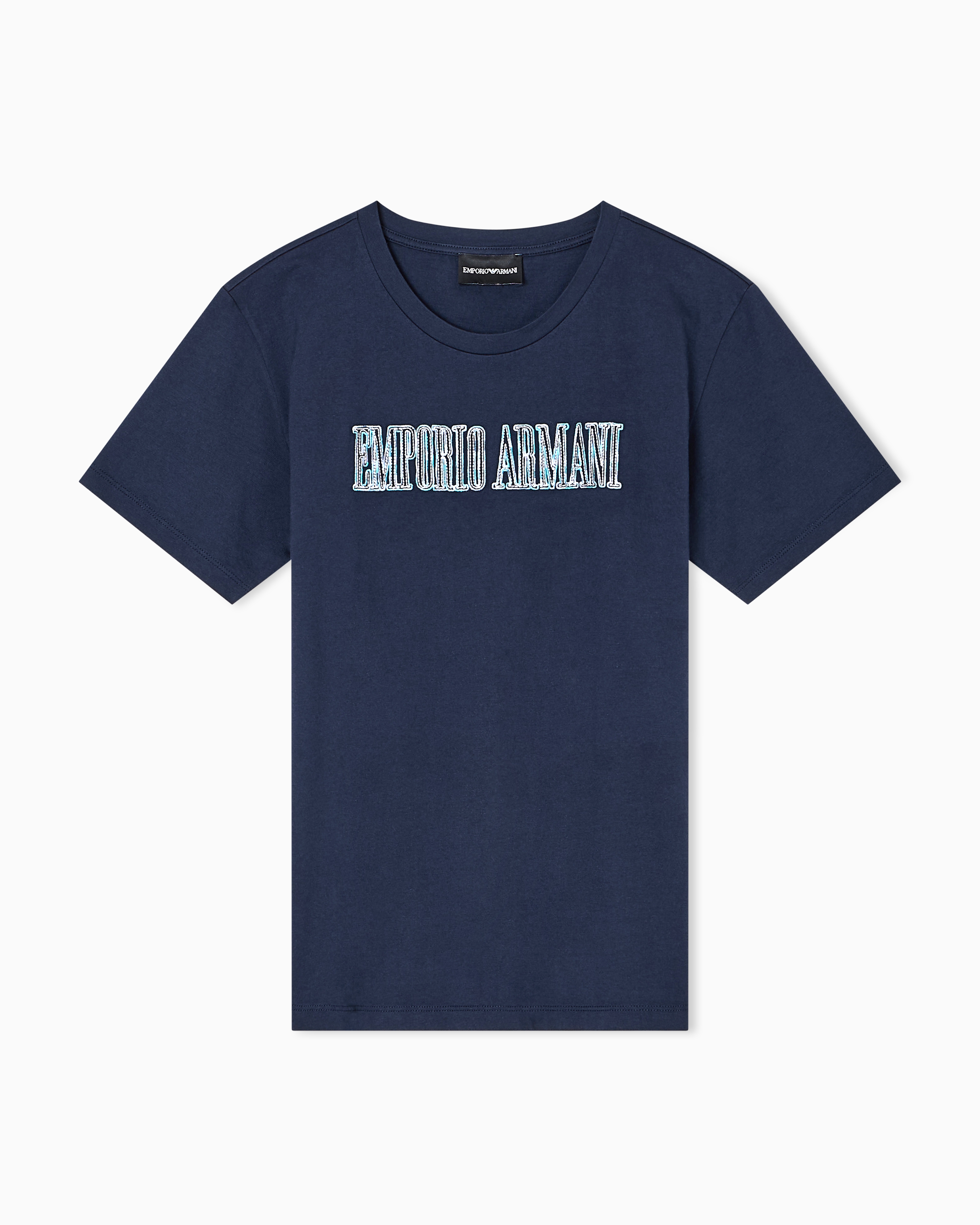 Emporio Armani - ASV organic jersey T-shirt with multicoloured logo embroidery, Woman, Navy Blue, Size: