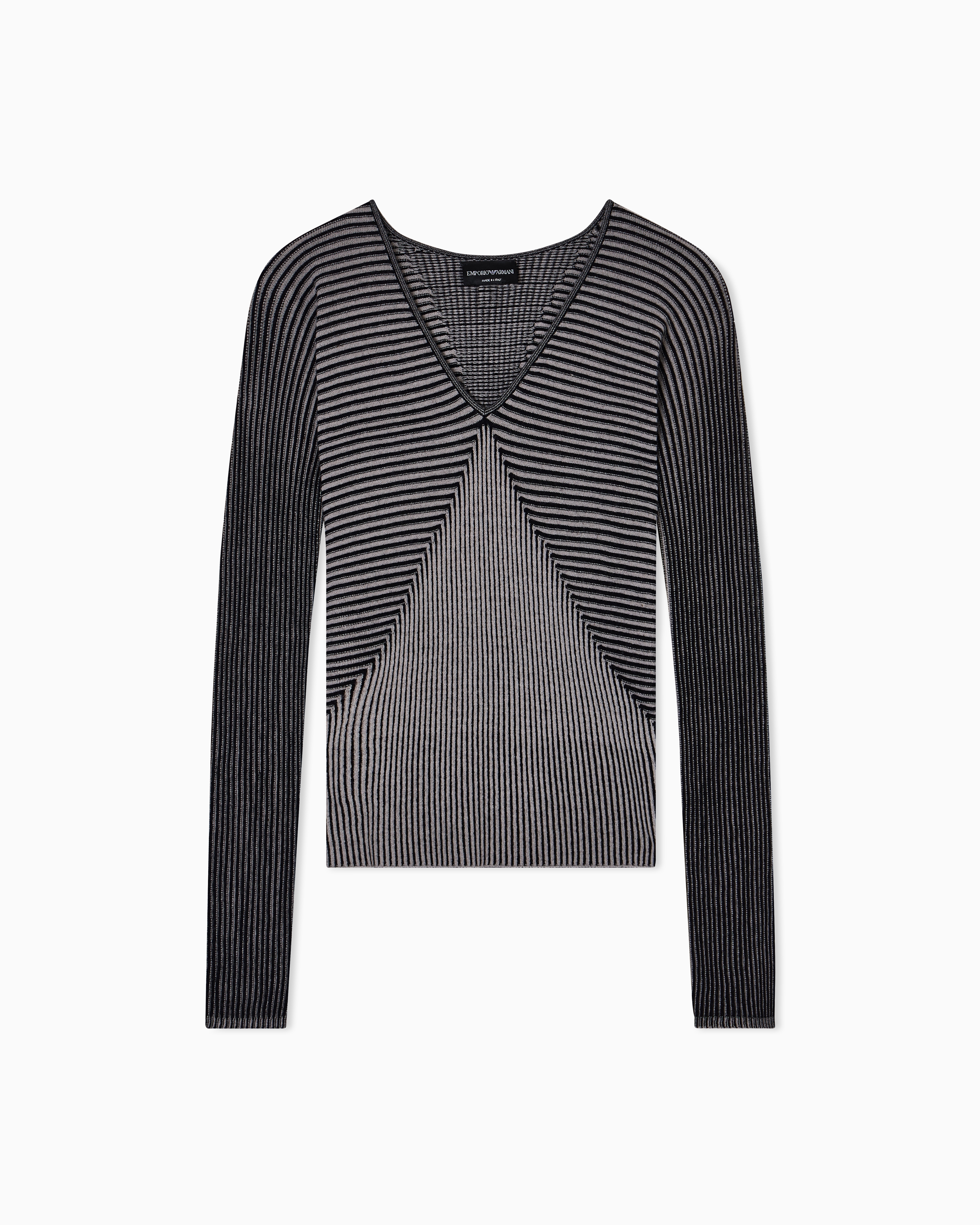 Emporio Armani - V-neck jumper with striped links-stitched details, Woman, Black, Size: