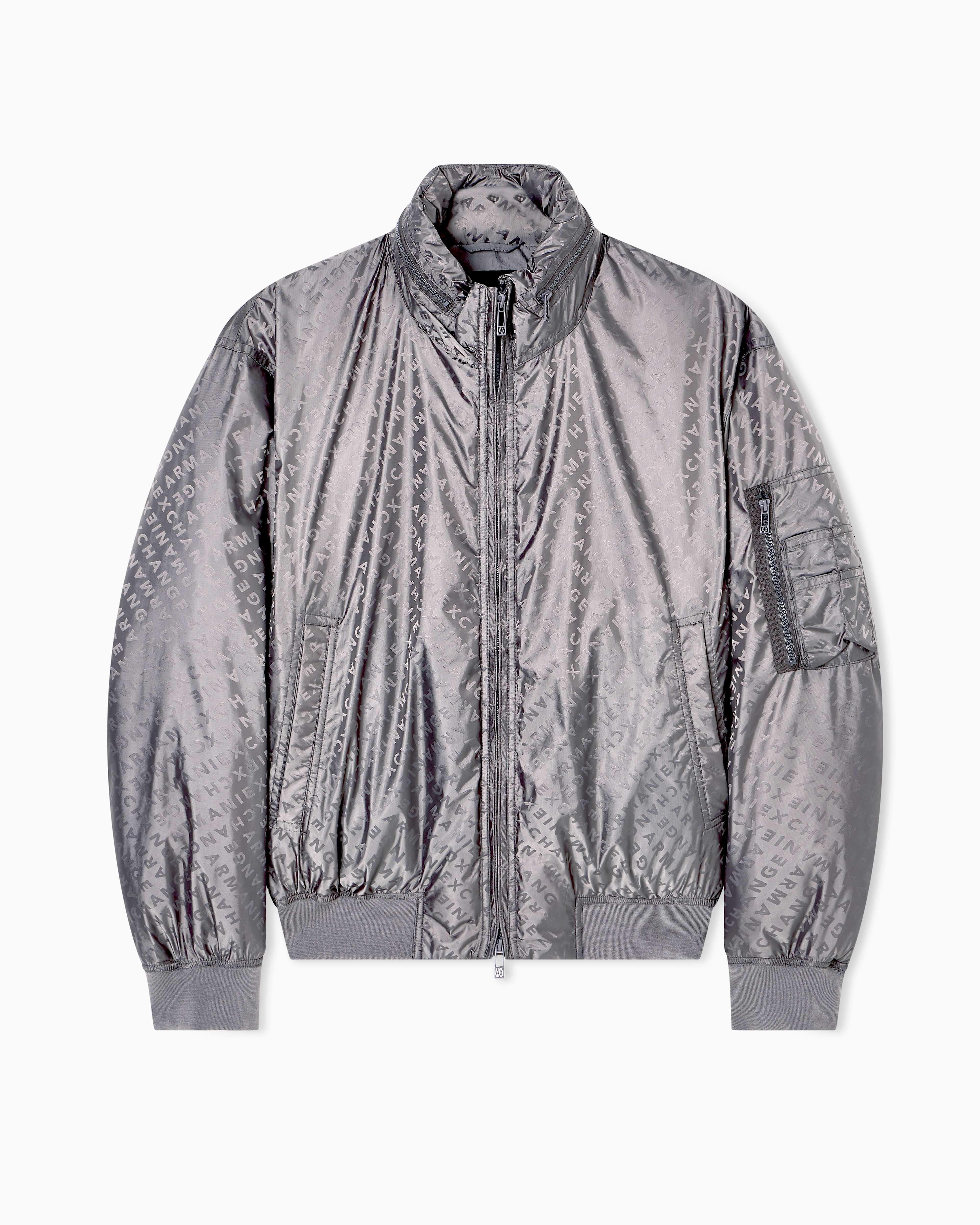 Armani Exchange - ALLOVER LOGO LETTERING BOMBER JACKET, Man, Grey, Size: M