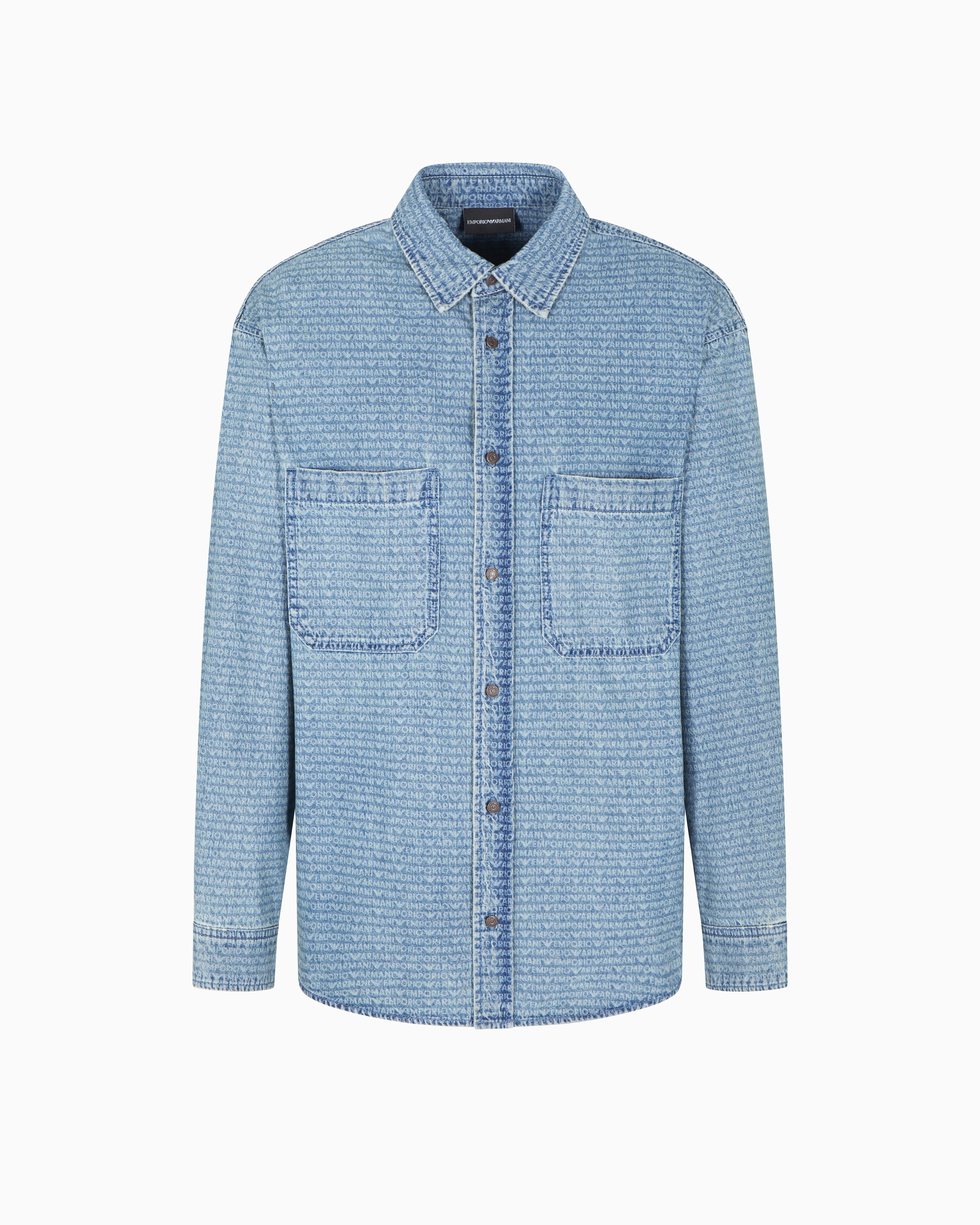 Emporio Armani - Comfort-fit denim shirt with all-over logo lettering print, Man, Blue, Size: