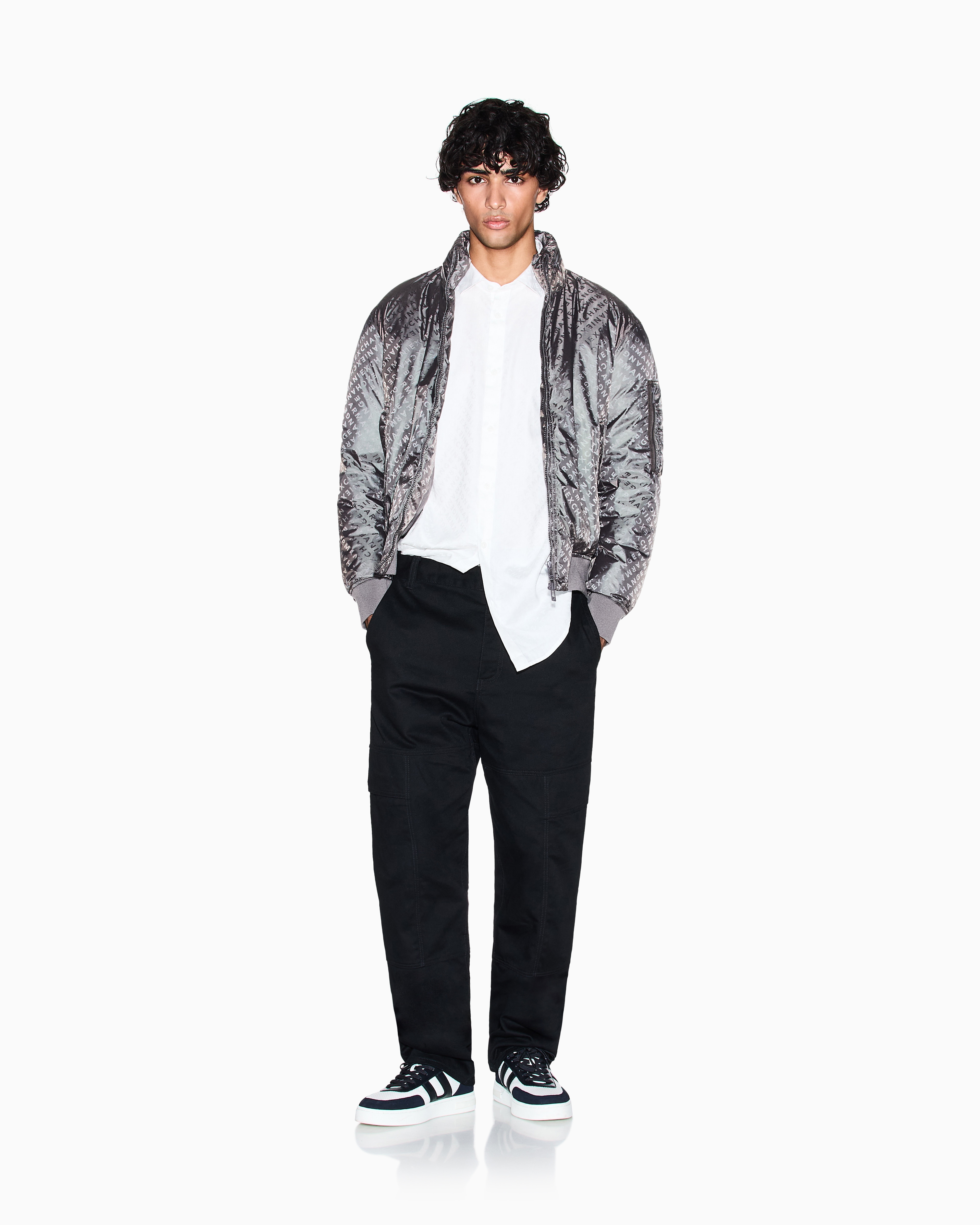 Armani Exchange - ALLOVER LOGO LETTERING BOMBER JACKET, Man, Grey, Size: M