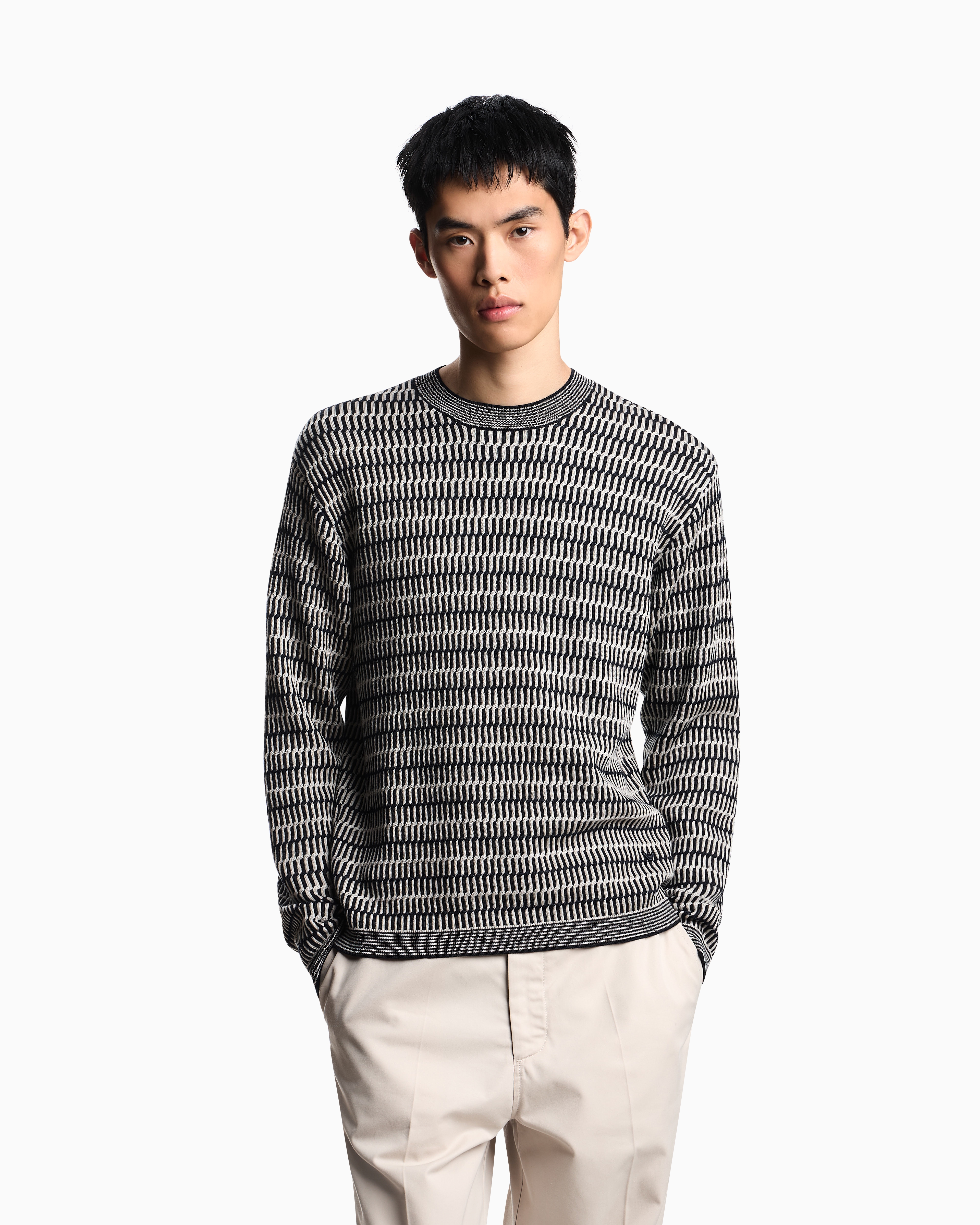 Emporio Armani - Two-tone embroidery-stitched jacquard virgin wool jumper , Man, Blue, Size: