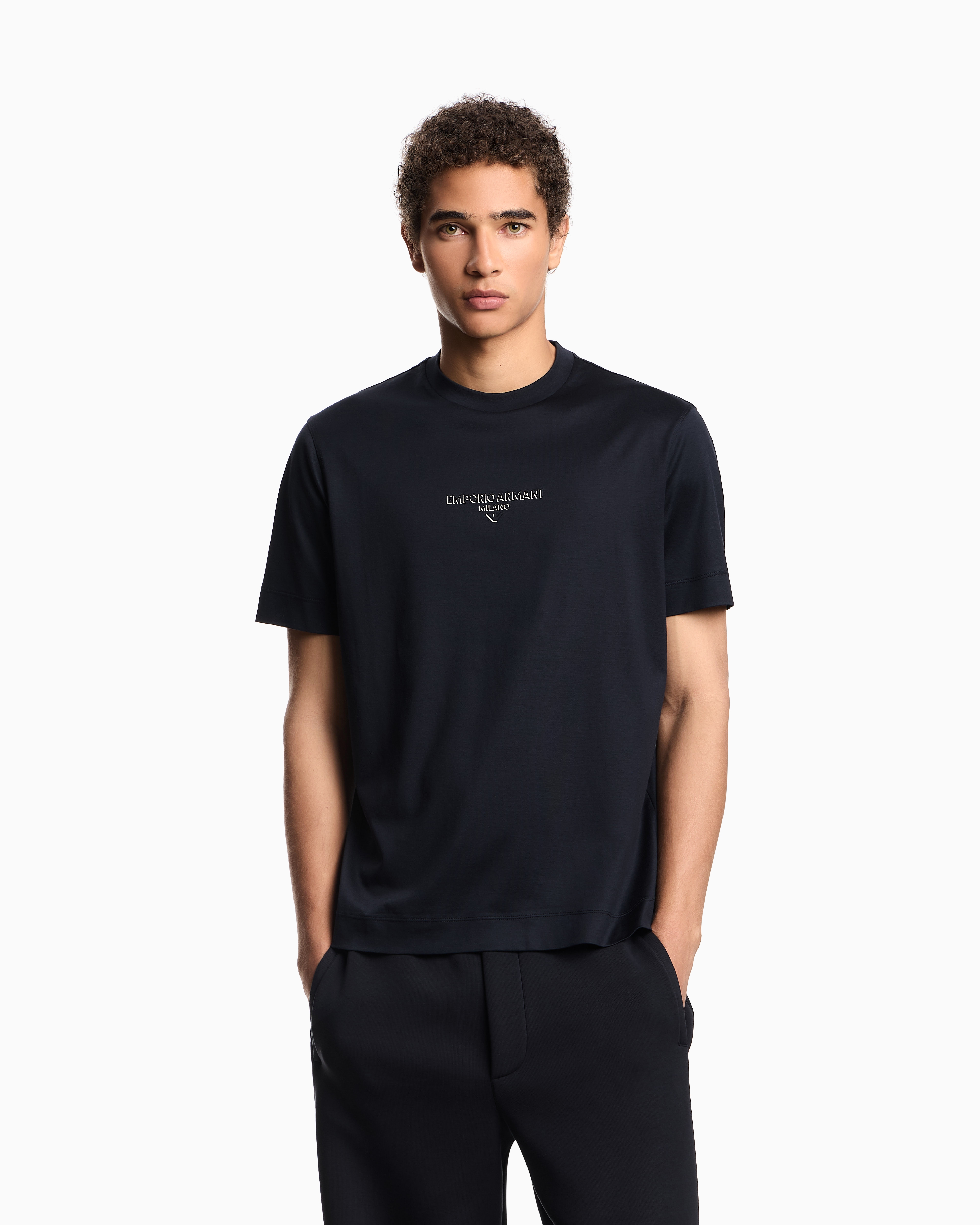 Emporio Armani - Lyocell blend jersey T-shirt with 3D-effect logo, Man, Navy Blue, Size: