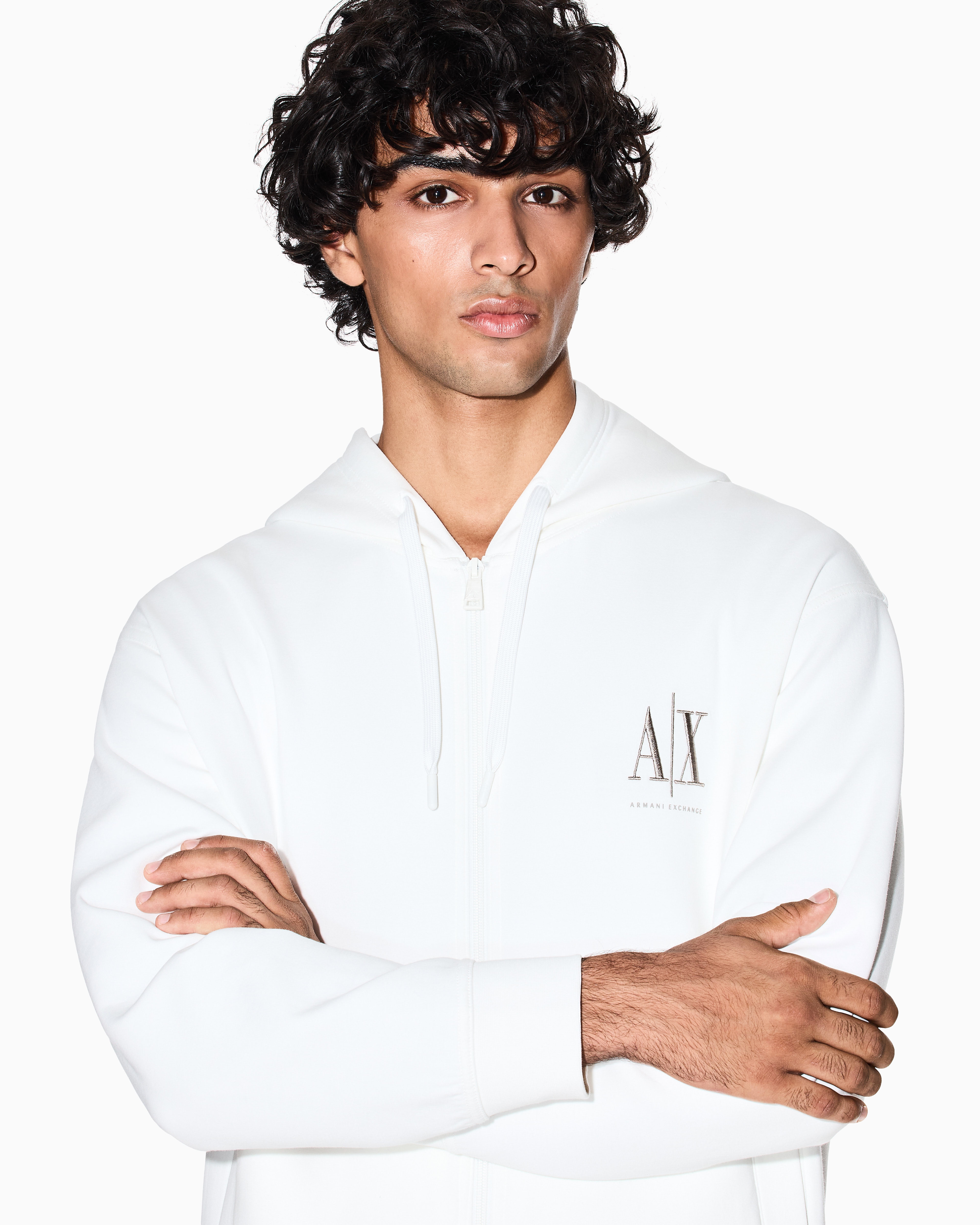 Armani Exchange - Zip-up hoodie with embroidered logo, Man, White, Size: