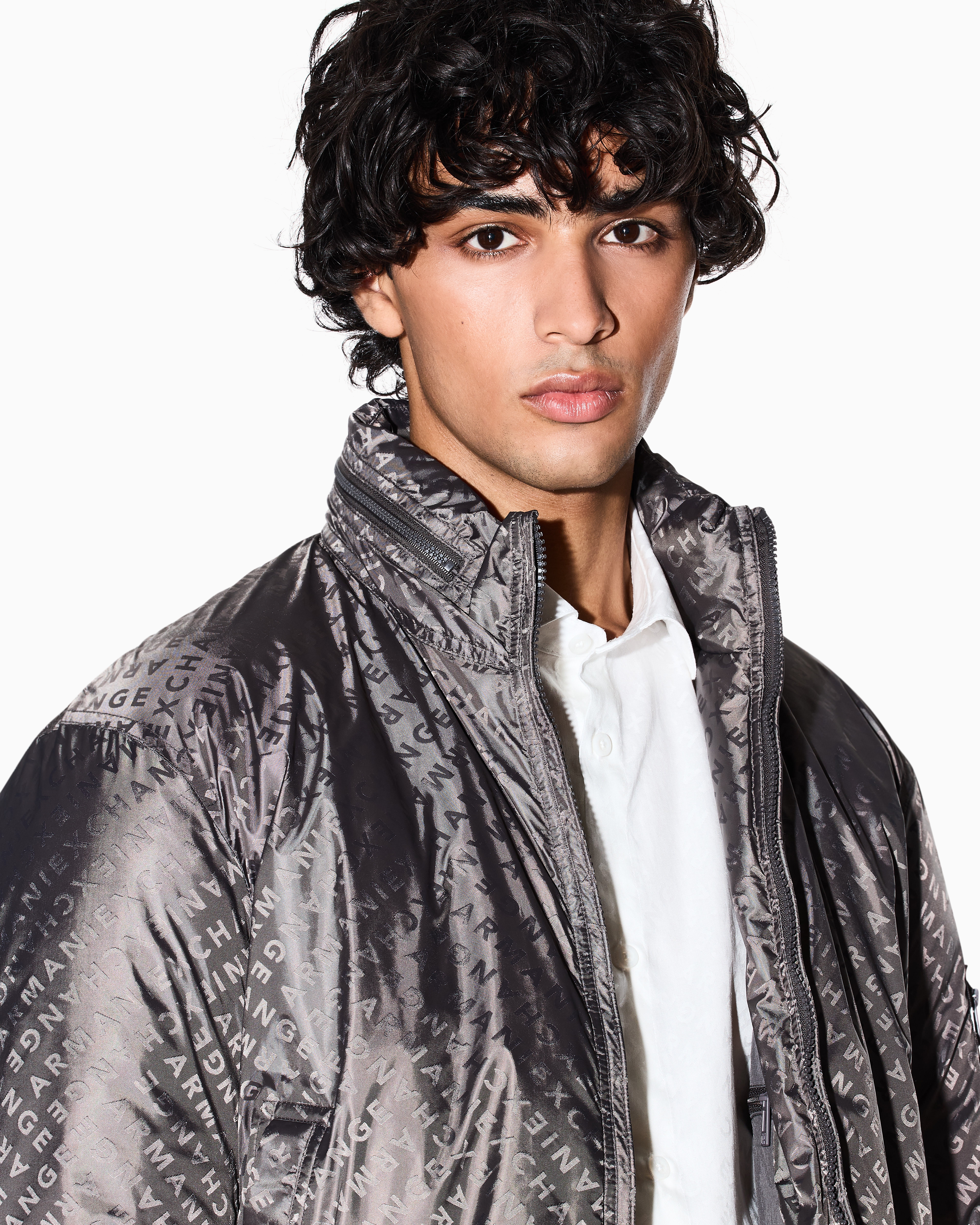 Armani Exchange - ALLOVER LOGO LETTERING BOMBER JACKET, Man, Grey, Size: M