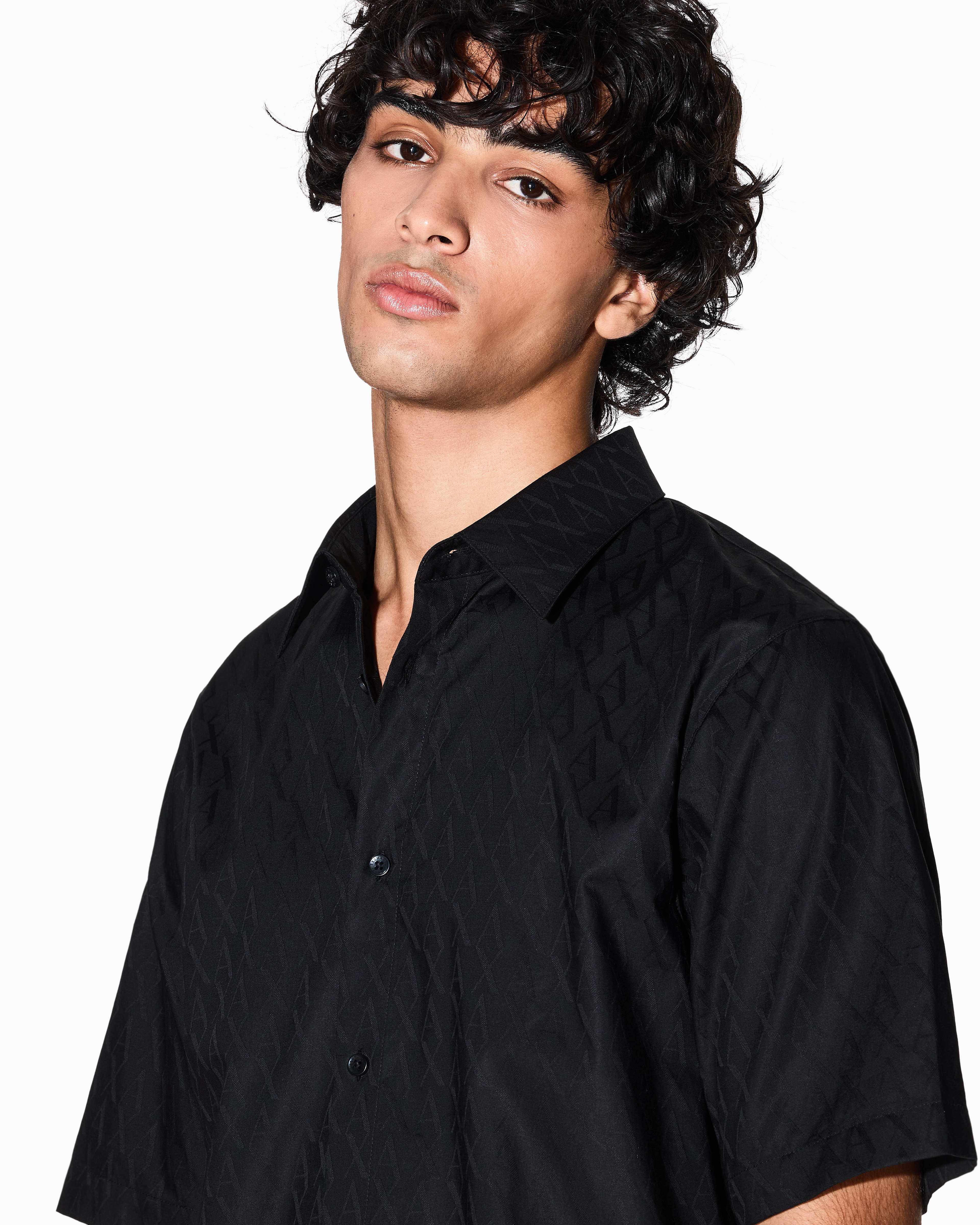 Armani Exchange - Short-sleeved cotton jacquard shirt, Man, Black, Size: