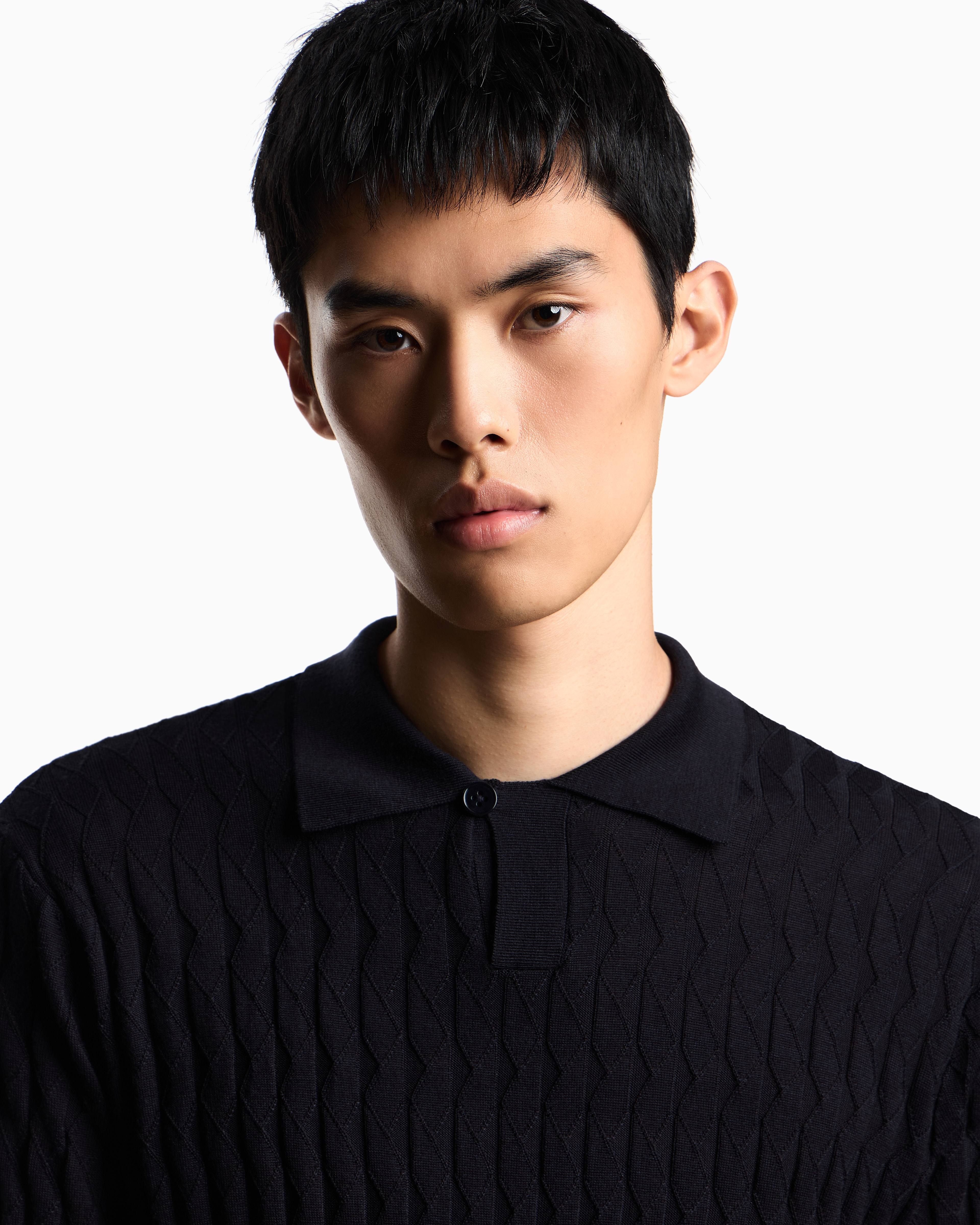 ASV ポロカラーセーター リヨセル混紡 エンボスパターンニット