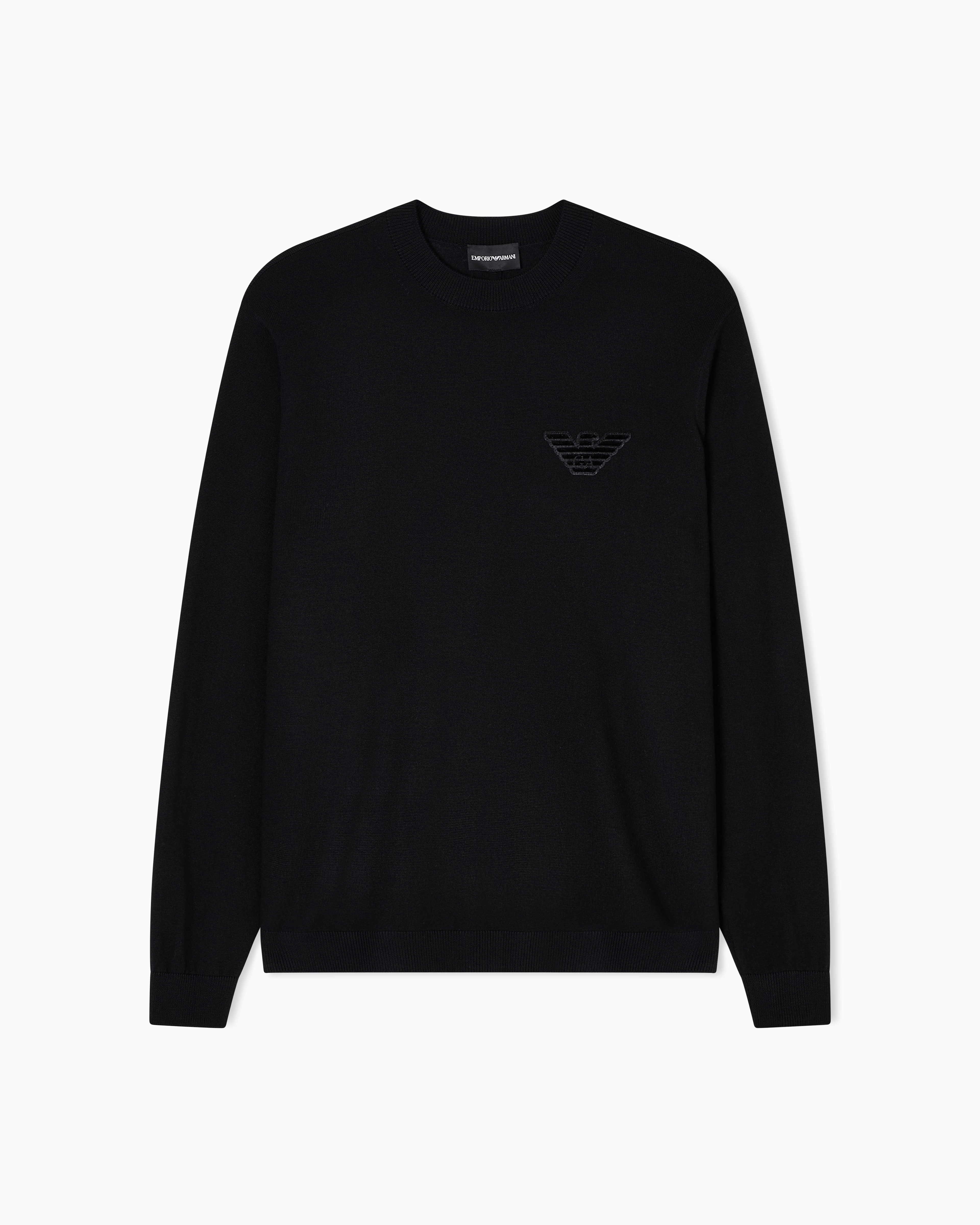 Emporio Armani - Plain-knit virgin-wool jumper with eagle patch, Man, Black, Size: