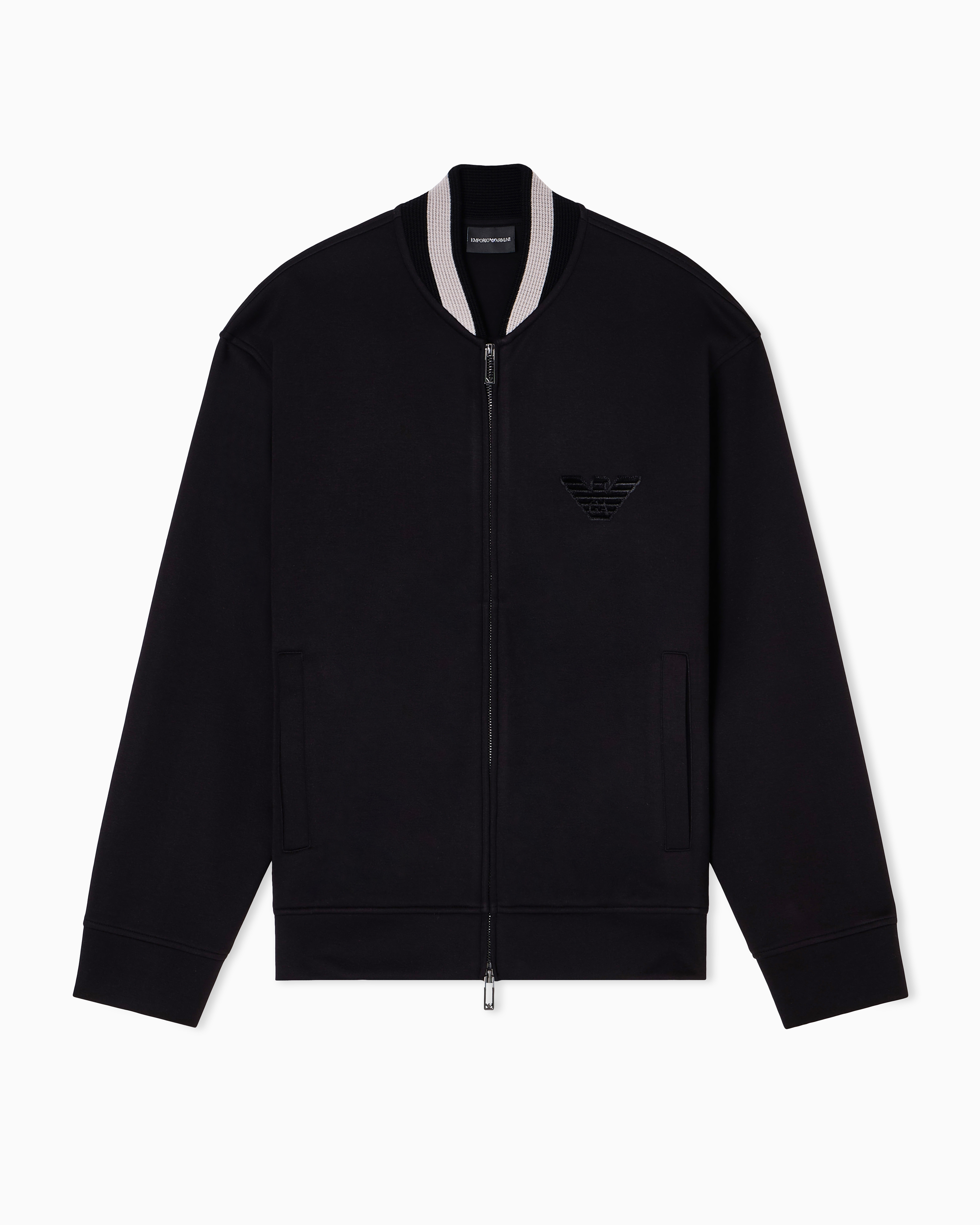 Emporio Armani - Double-jersey zip-up sweatshirt with bomber jacket collar and eagle patch, Man, Black, Size: