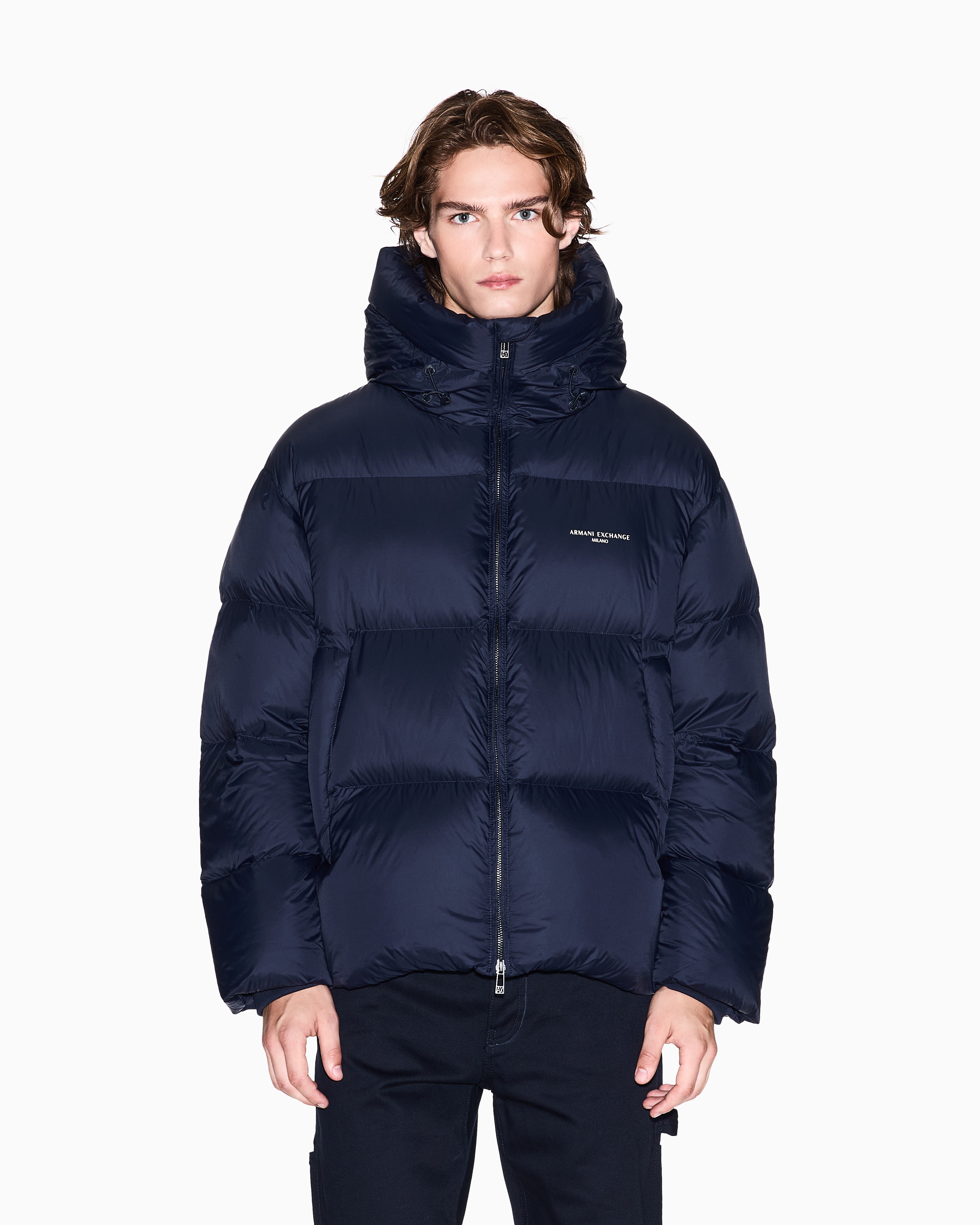 Armani Exchange - Satin hooded down jacket, Man, Navy Blue, Size: