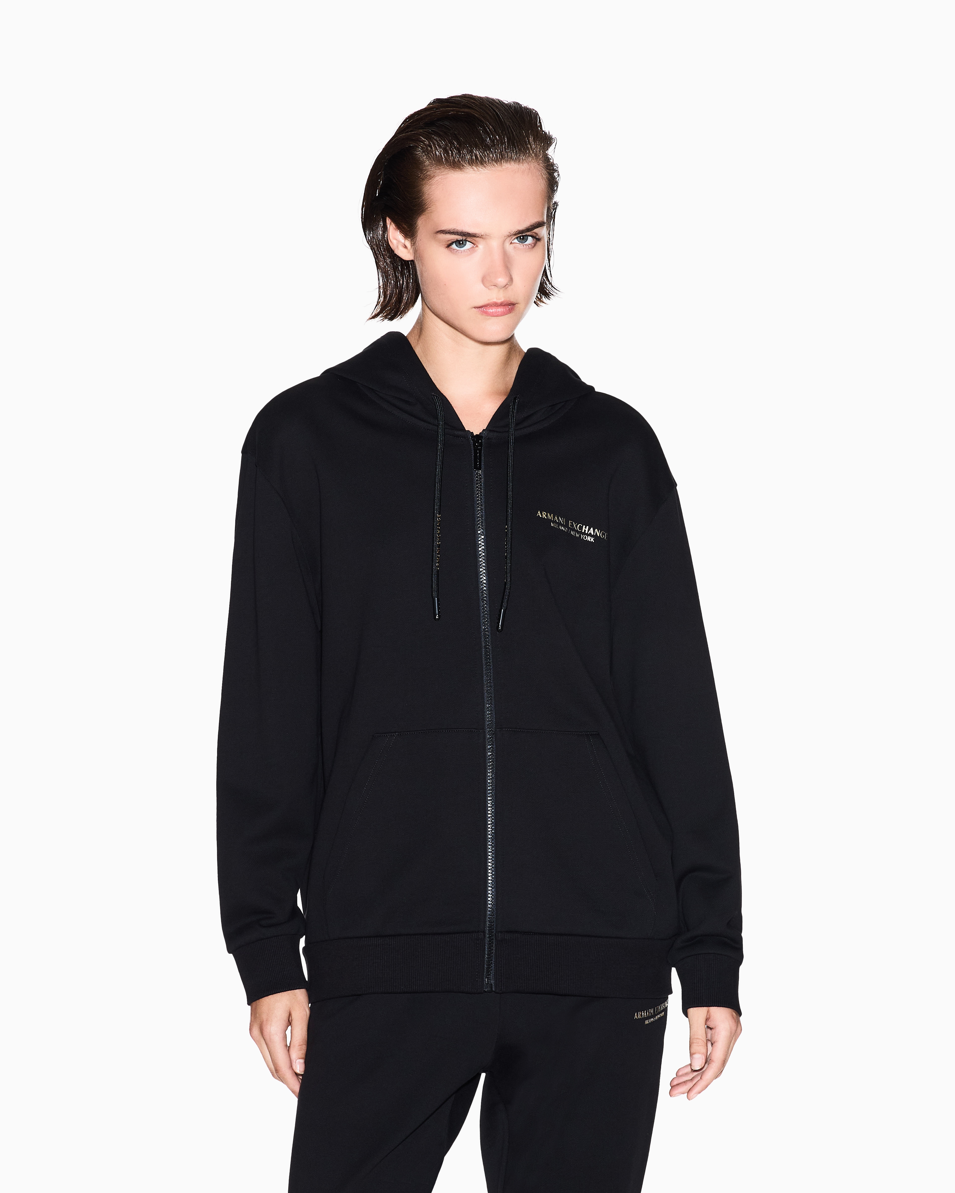 Armani Exchange - Cotton zip-up hoodie, Woman, Black, Size: