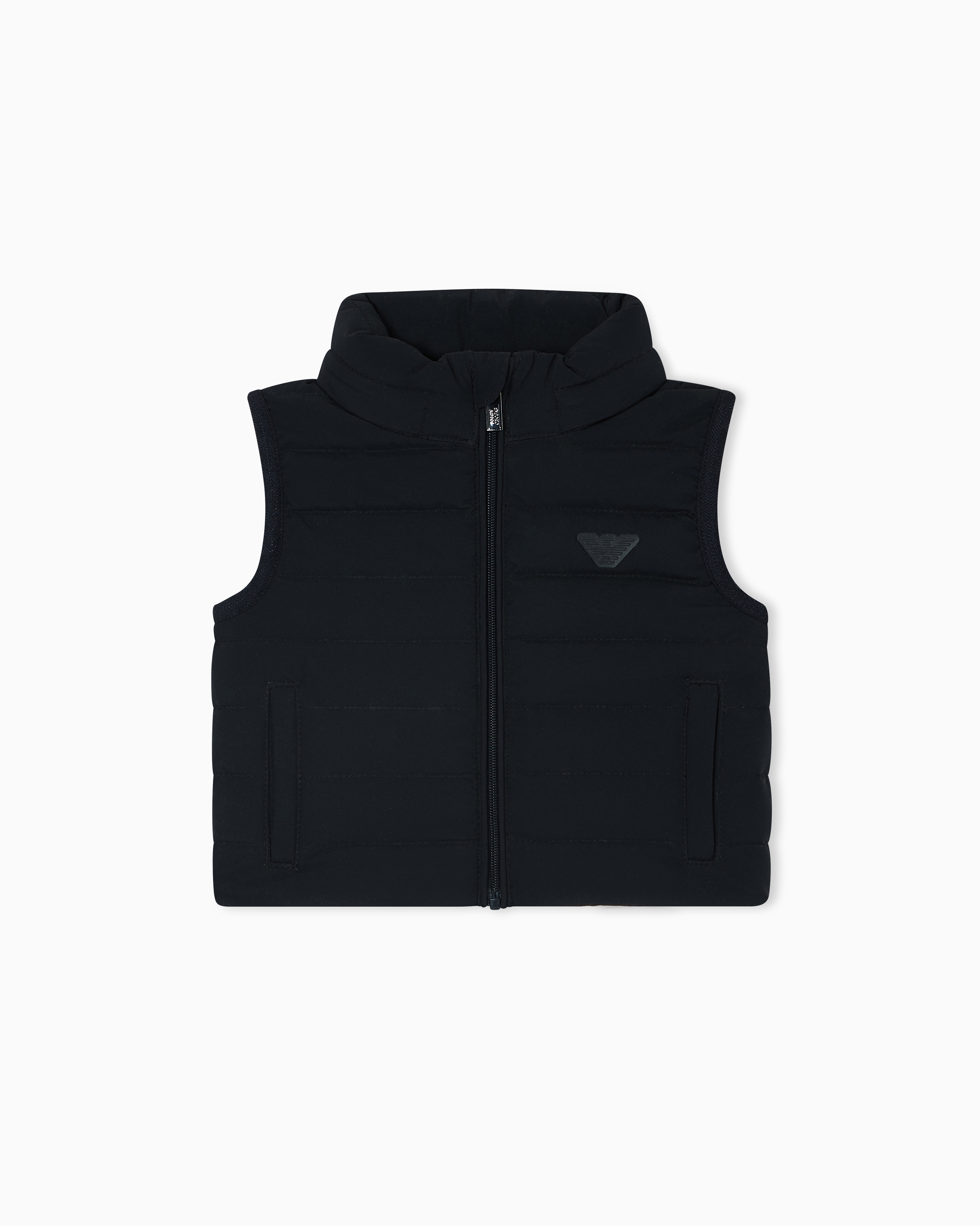 Emporio Armani - Sleeveless nylon down jacket with zip and logo patch, Boy, Navy Blue, Size: