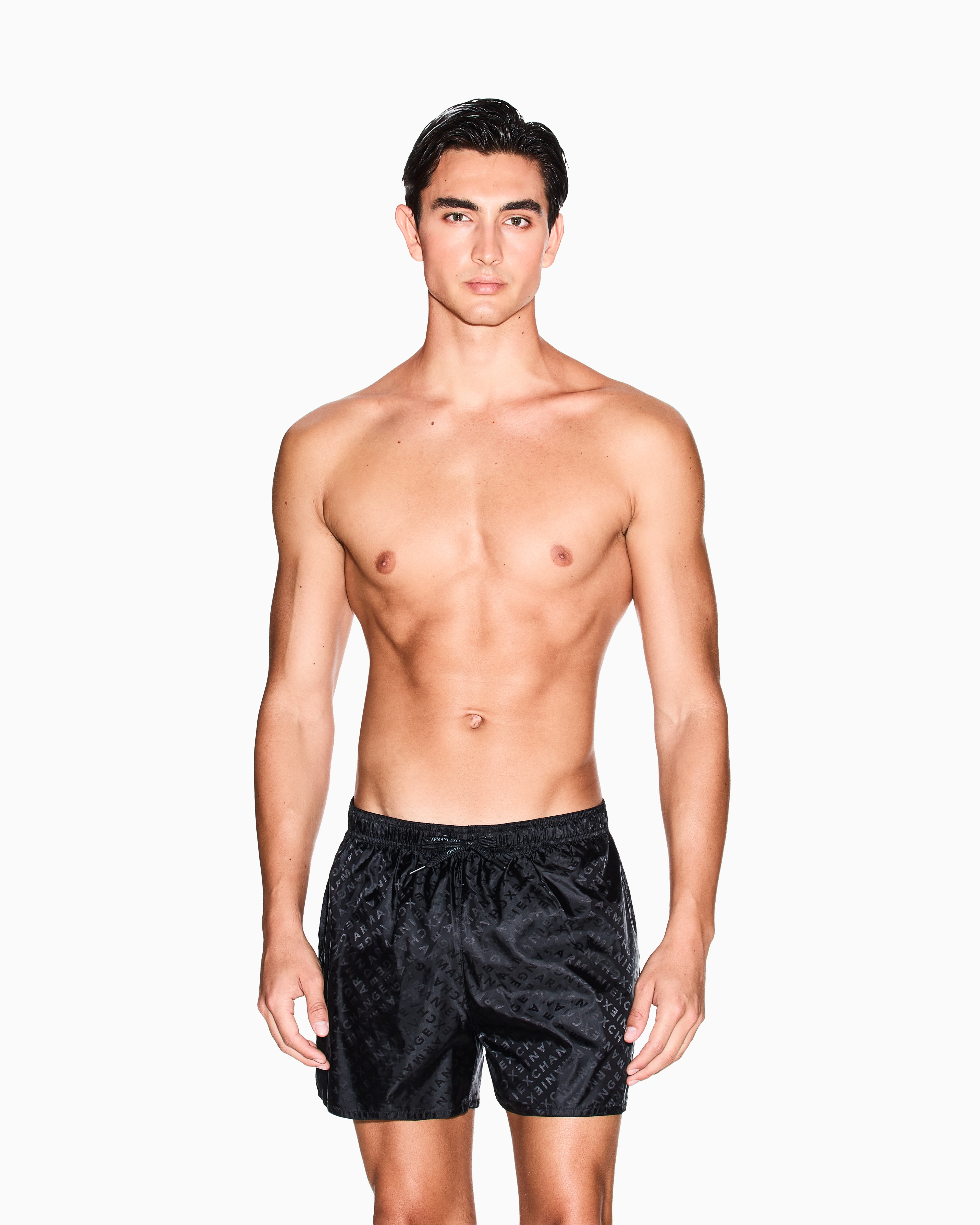 Armani Exchange - ALLOVER LOGO SWIM TRUNKS, Man, Black, Size: