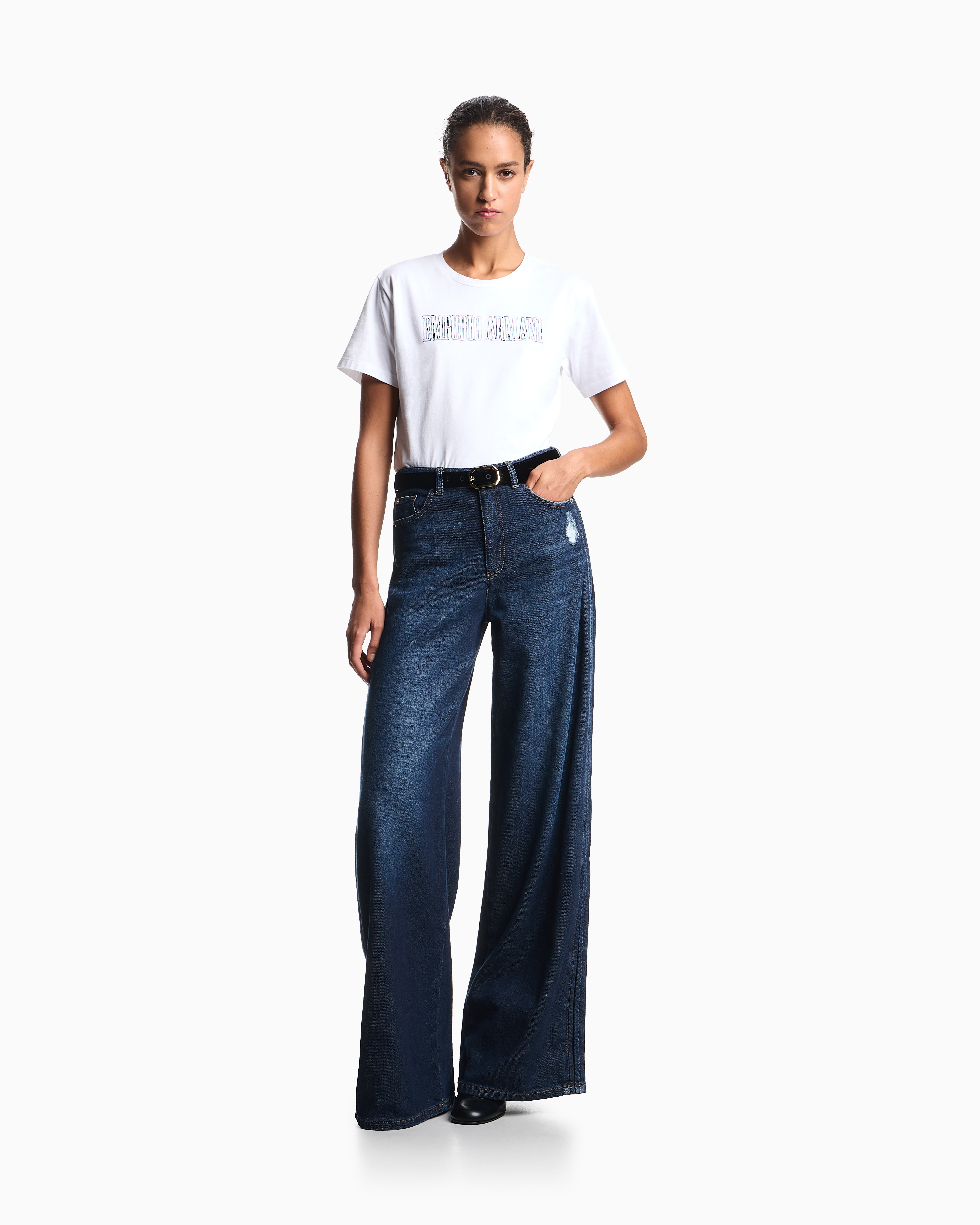 Emporio Armani - ASV organic jersey T-shirt with multicoloured logo embroidery, Woman, White, Size: