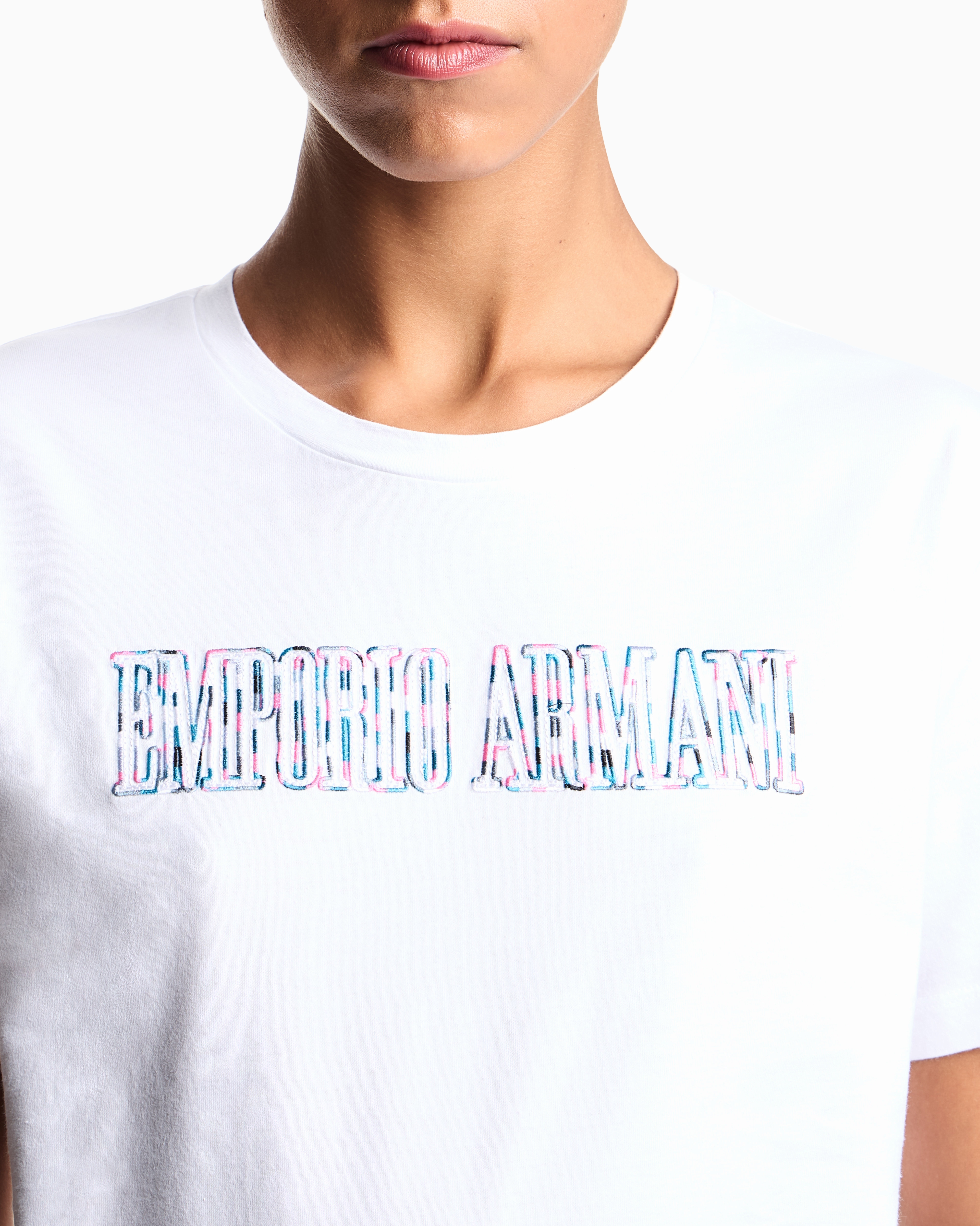 Emporio Armani - ASV organic jersey T-shirt with multicoloured logo embroidery, Woman, White, Size: