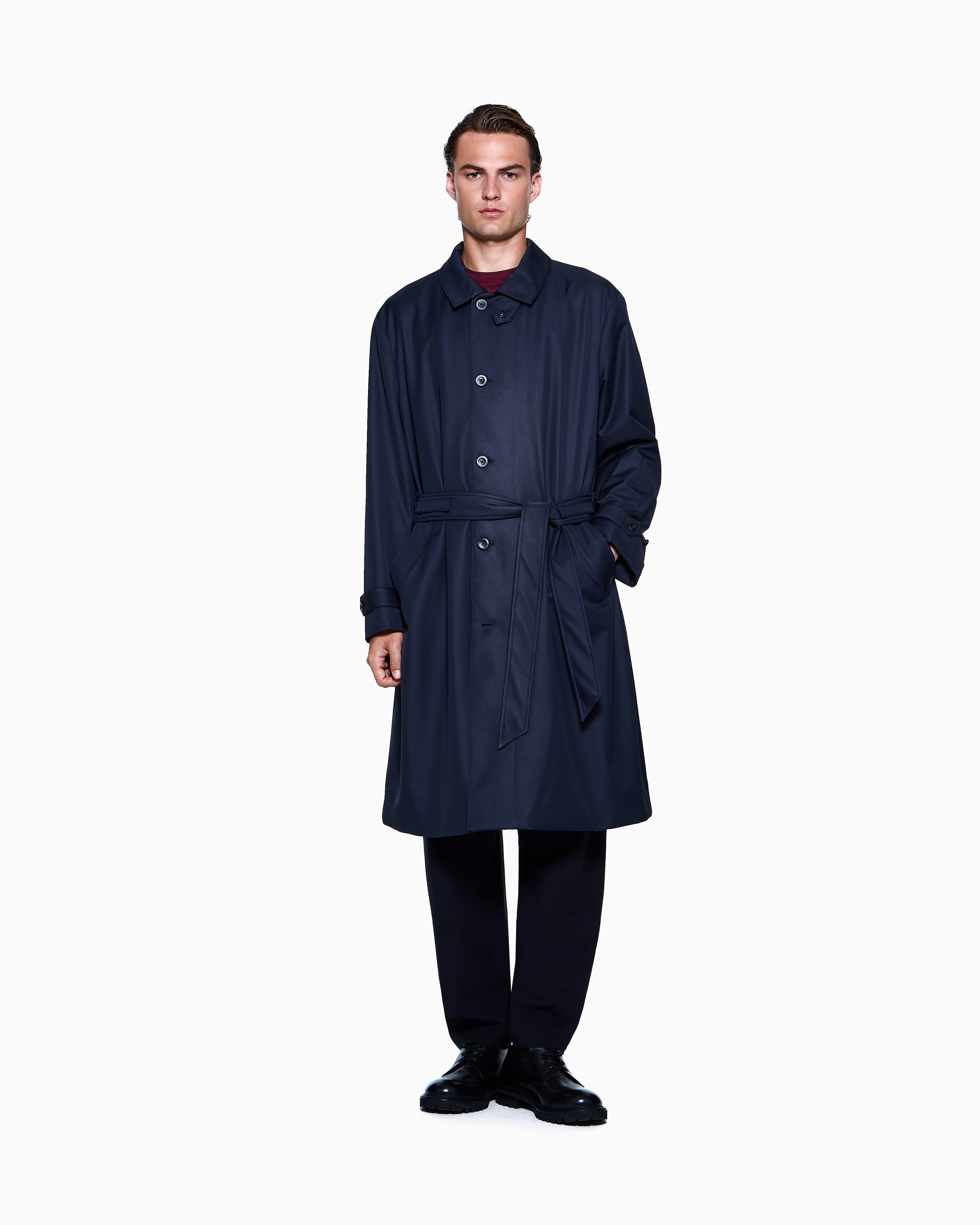 Giorgio Armani Single-breasted Trench Coat In Nylon And Wool In Blue