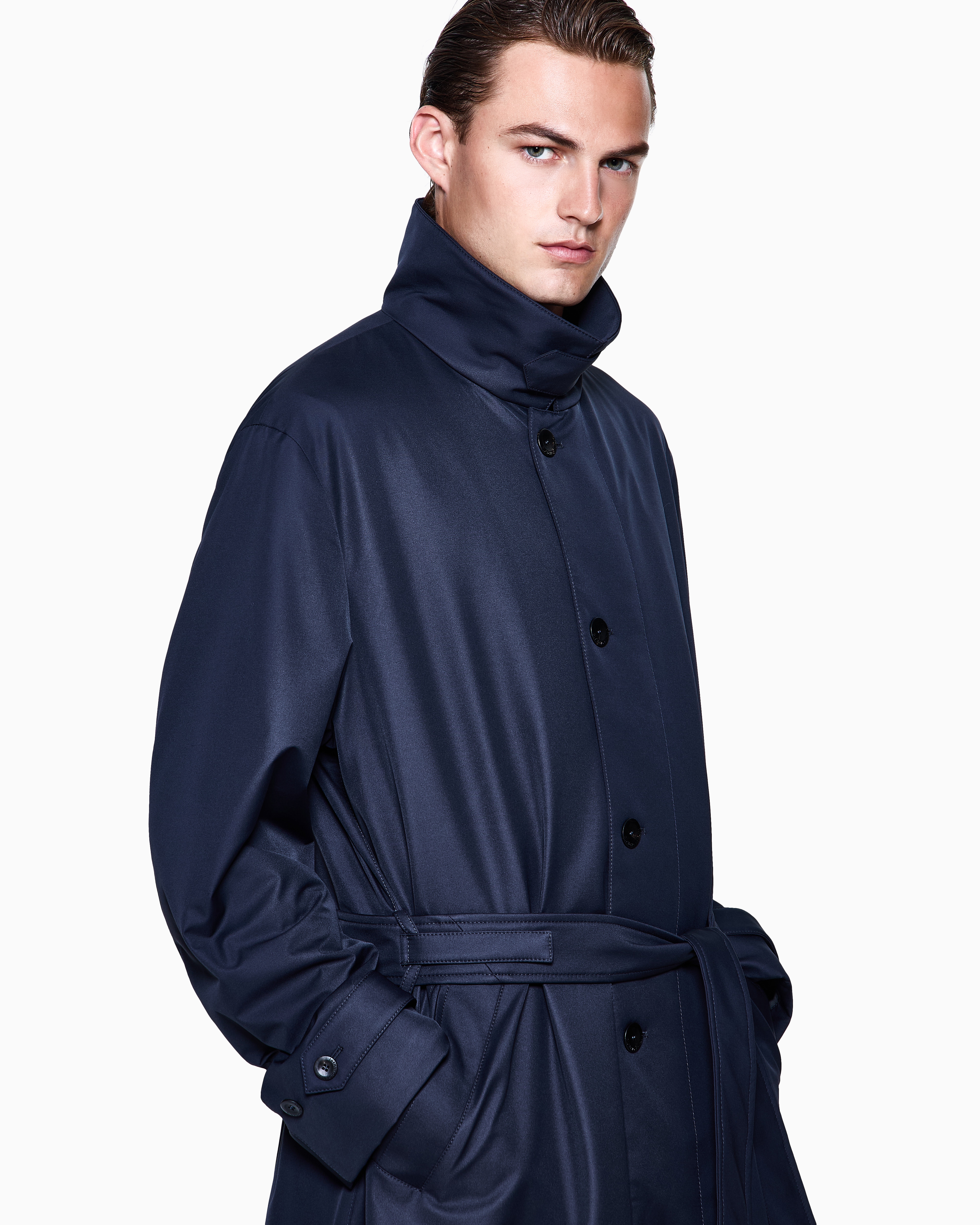 Giorgio Armani Single-breasted Trench Coat In Nylon And Wool In Blue